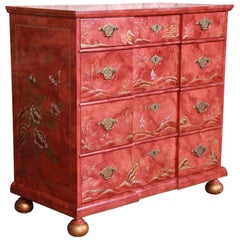 Baker Furniture Hollywood Regency Chinoiserie Red Lacquered Chest of Drawers