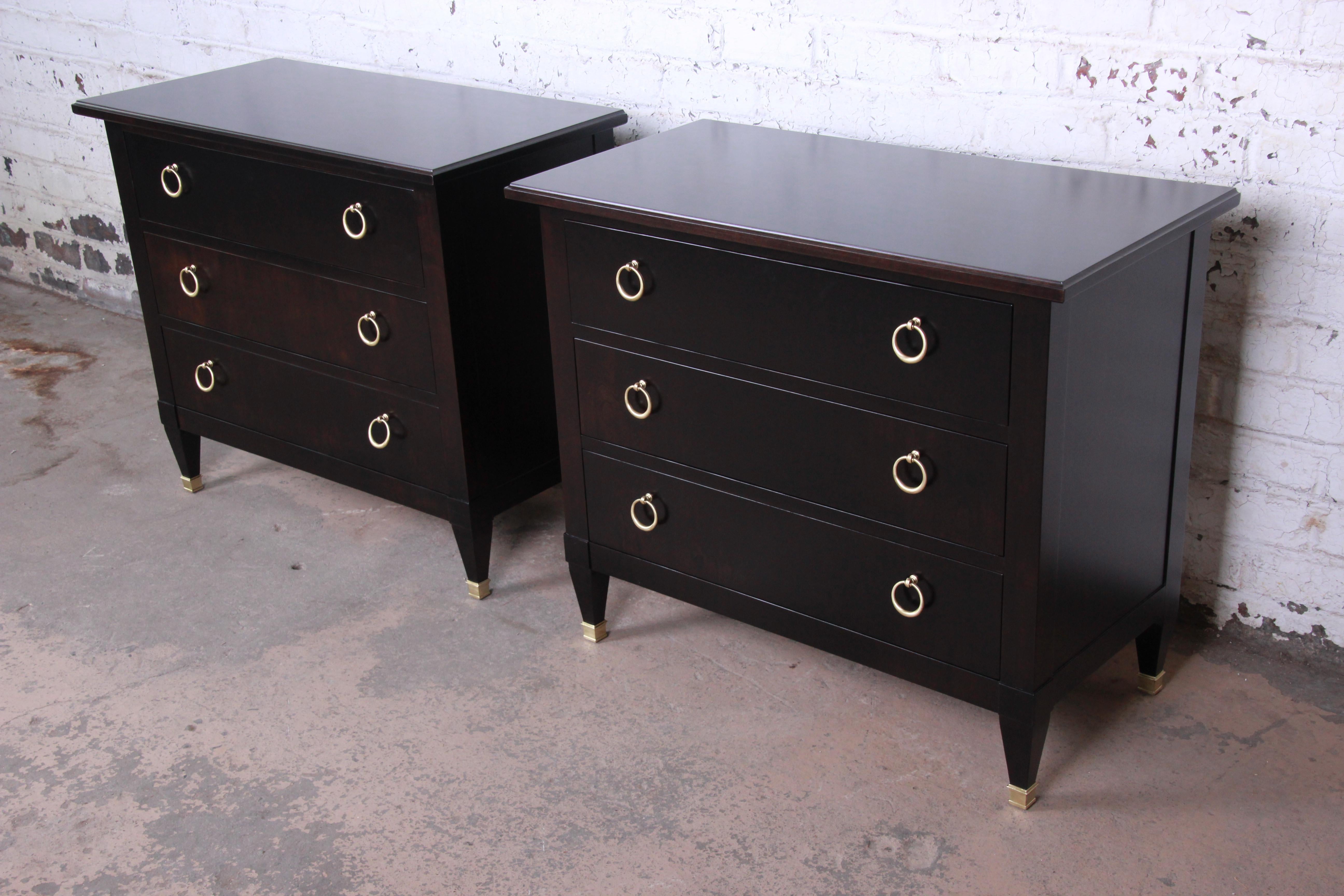 American Baker Furniture Hollywood Regency Ebonized Nightstands or Bachelor Chests, Pair