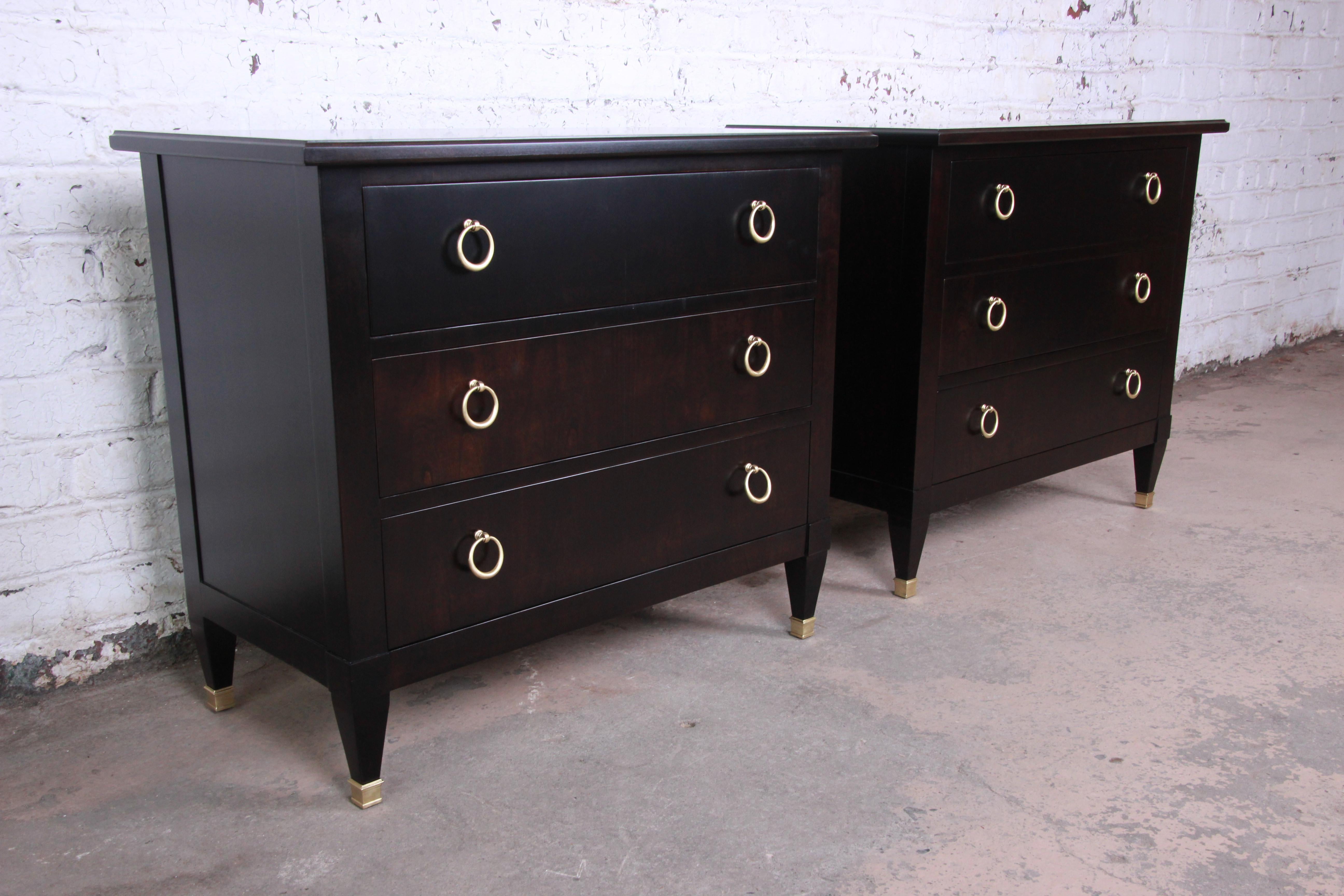 Baker Furniture Hollywood Regency Ebonized Nightstands or Bachelor Chests, Pair In Good Condition In South Bend, IN