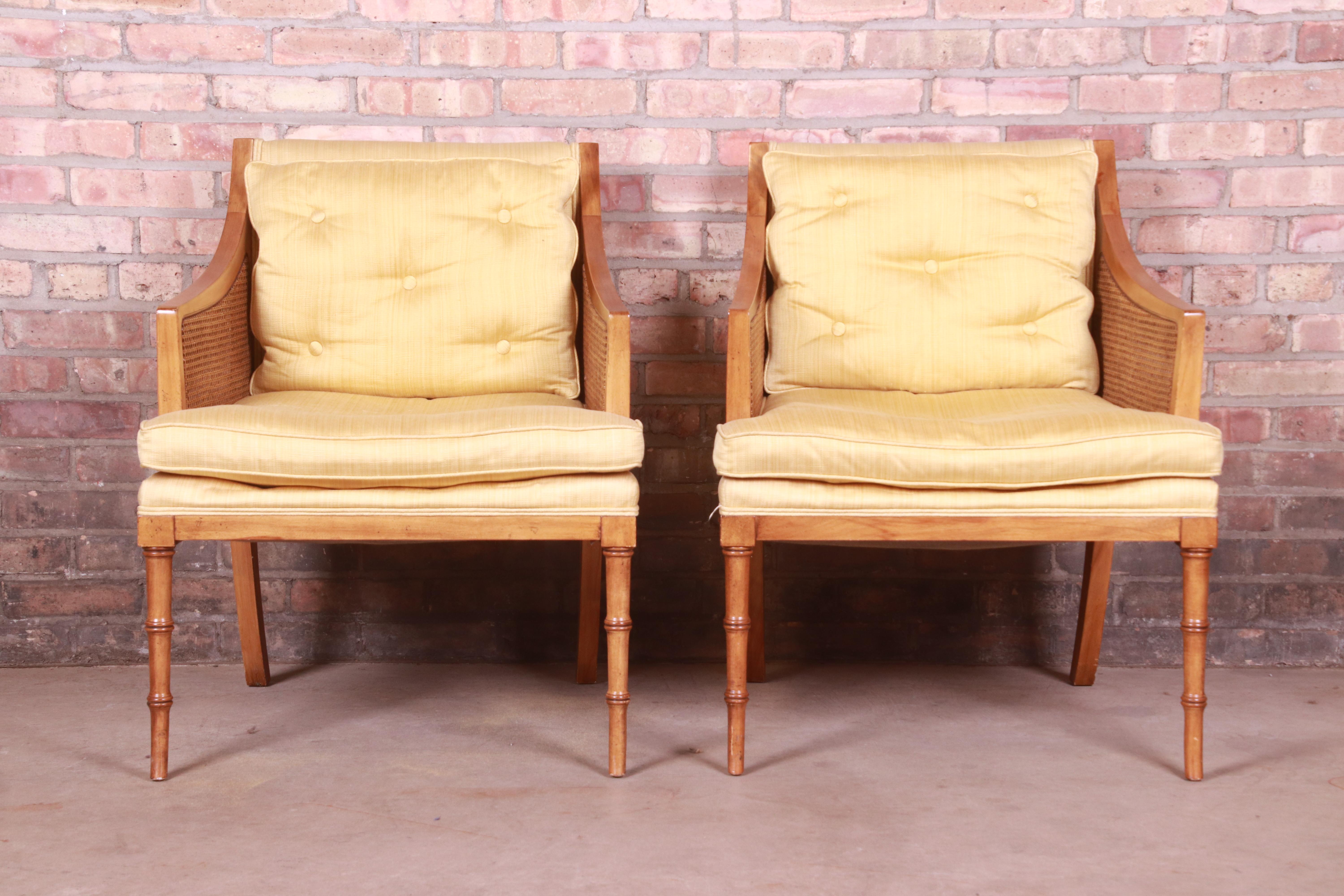 Mid-Century Modern Baker Furniture Hollywood Regency Faux Bamboo and Cane Lounge Chairs, Pair