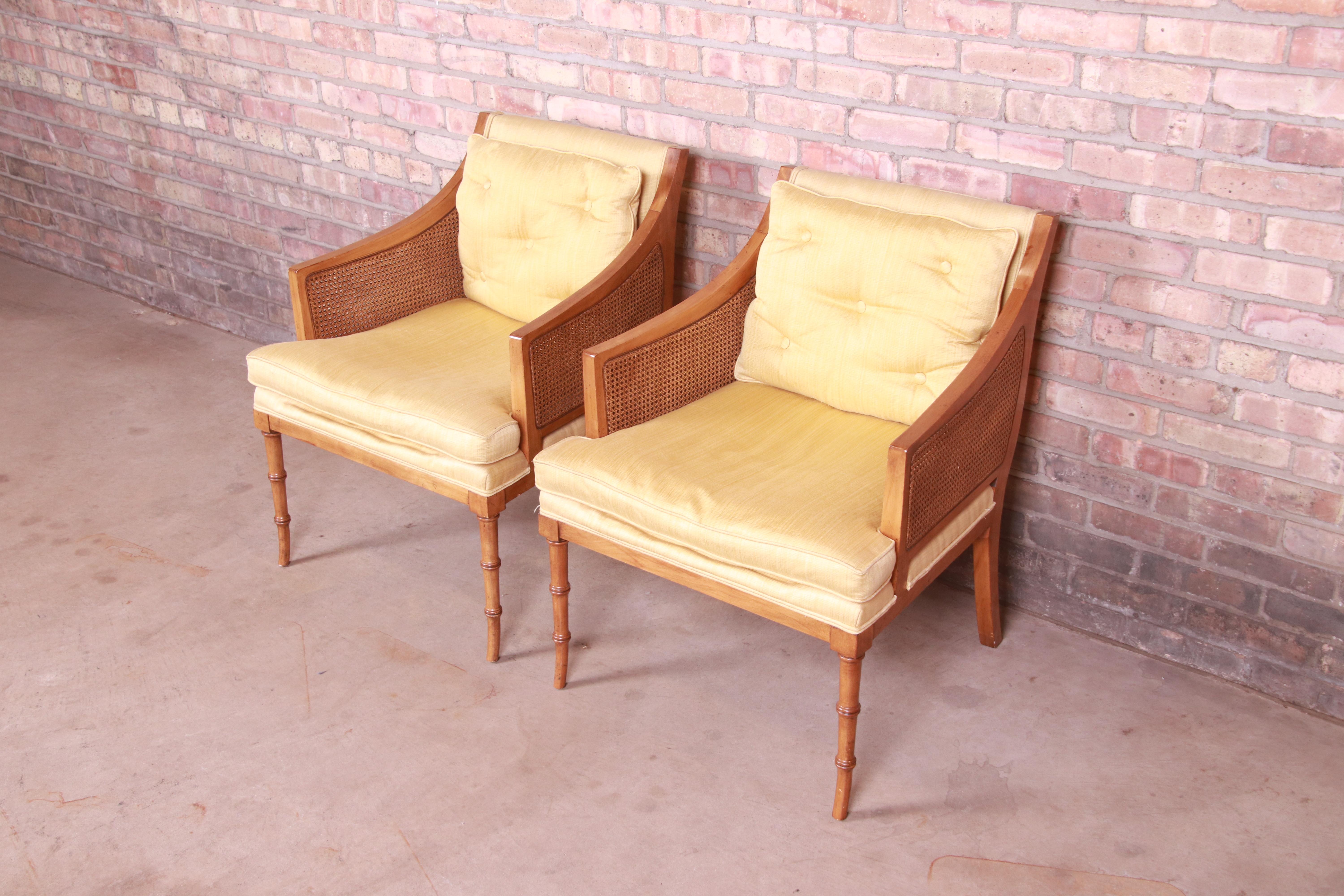 American Baker Furniture Hollywood Regency Faux Bamboo and Cane Lounge Chairs, Pair