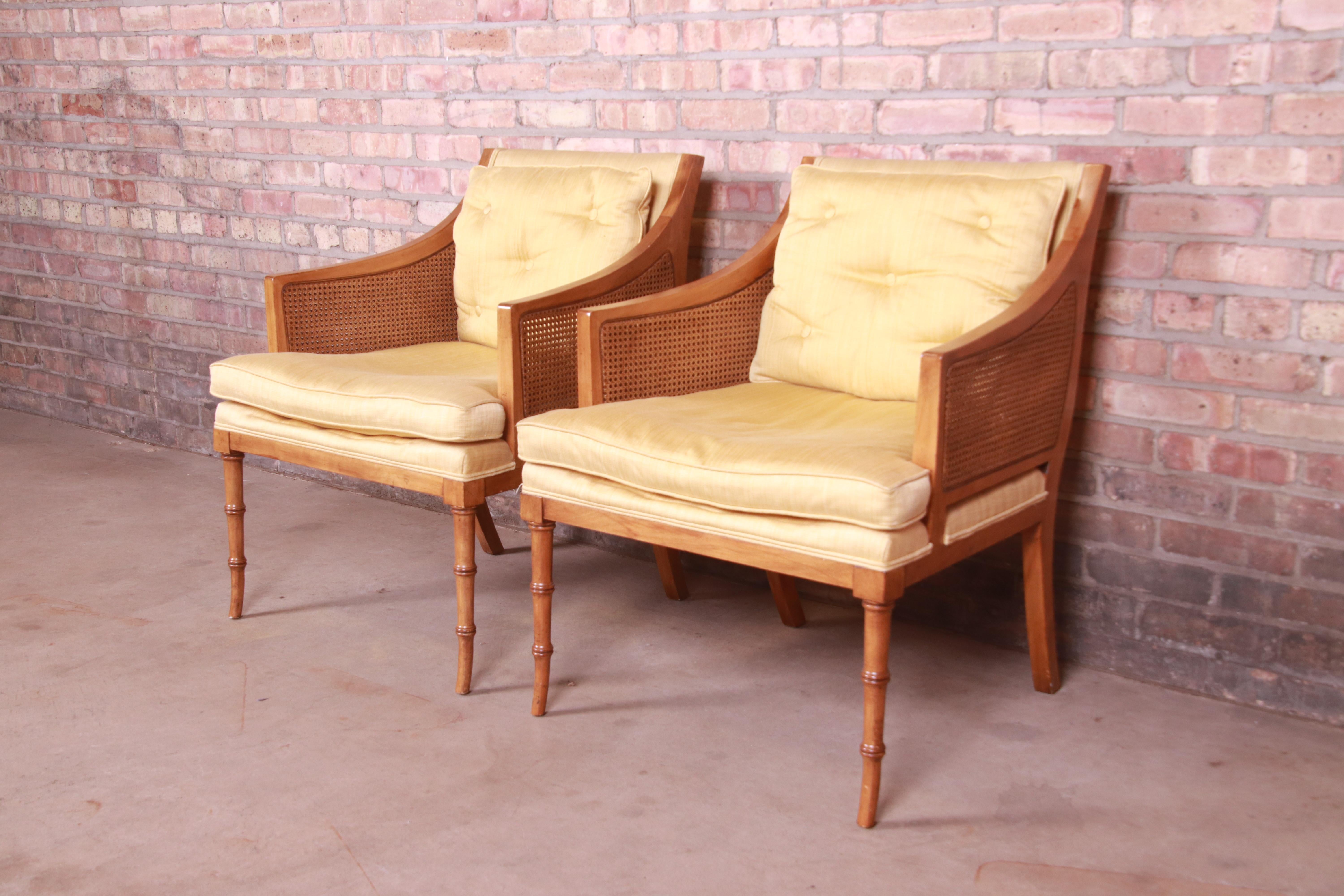 Baker Furniture Hollywood Regency Faux Bamboo and Cane Lounge Chairs, Pair In Good Condition In South Bend, IN