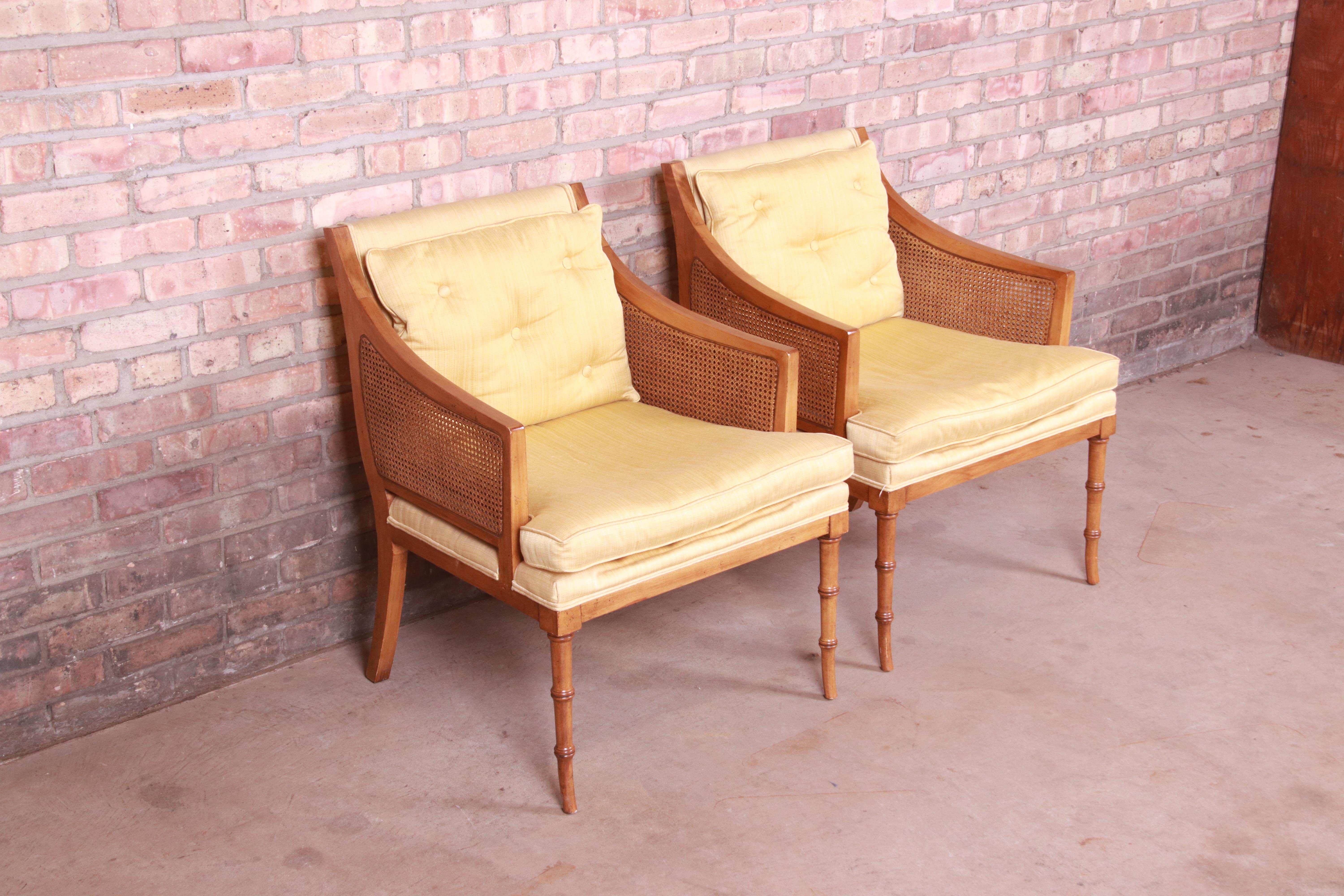 20th Century Baker Furniture Hollywood Regency Faux Bamboo and Cane Lounge Chairs, Pair