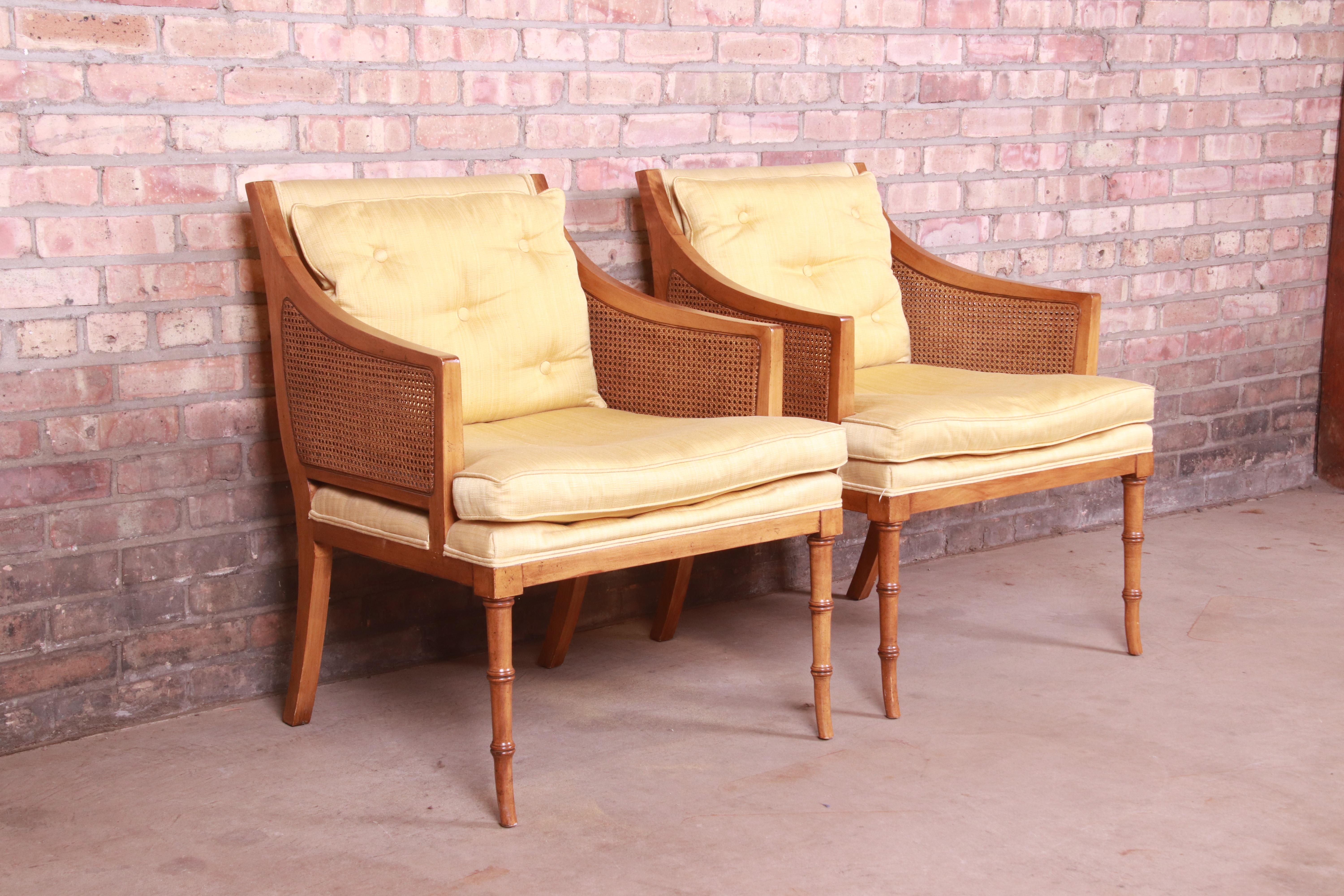 Upholstery Baker Furniture Hollywood Regency Faux Bamboo and Cane Lounge Chairs, Pair