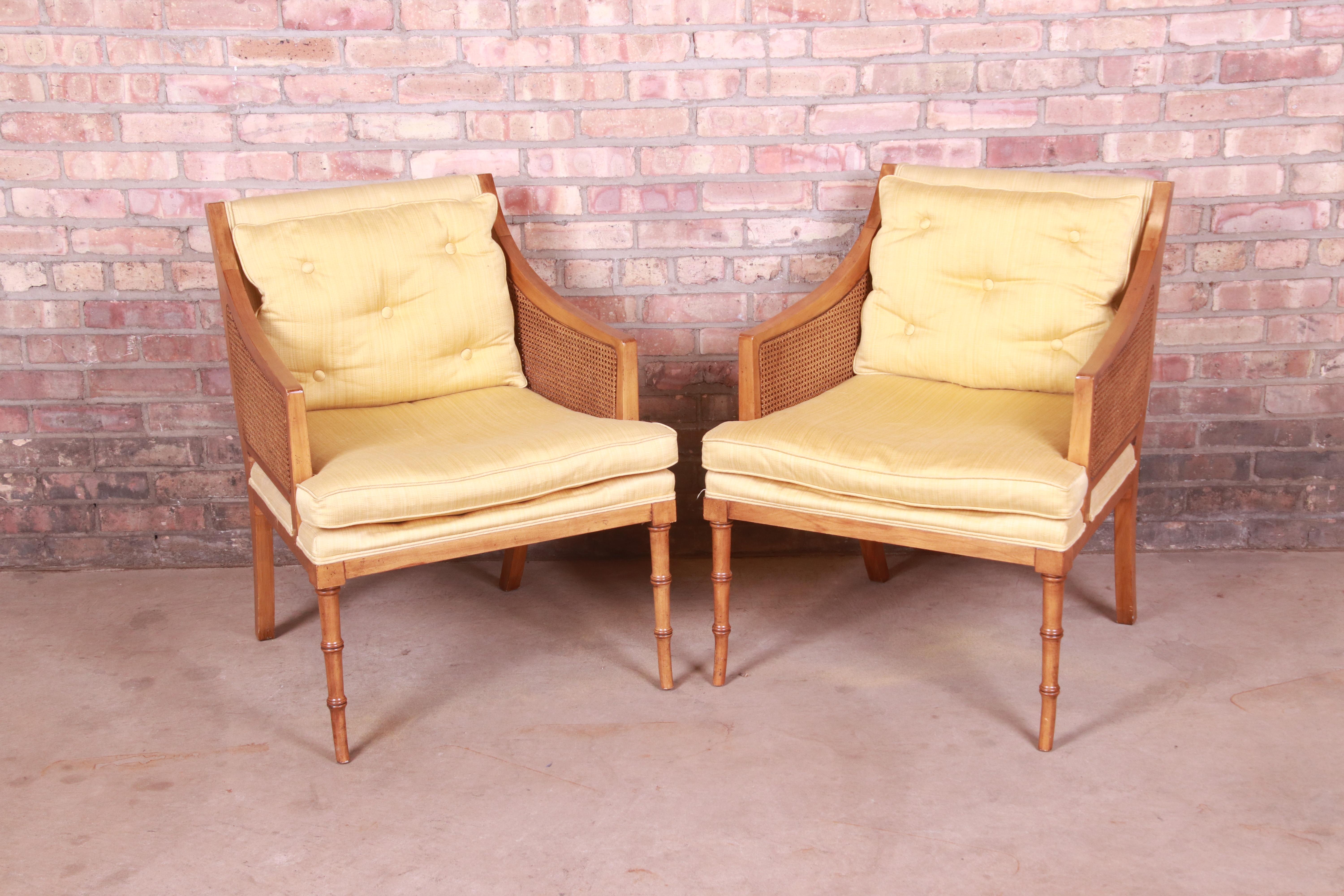 Baker Furniture Hollywood Regency Faux Bamboo and Cane Lounge Chairs, Pair 1