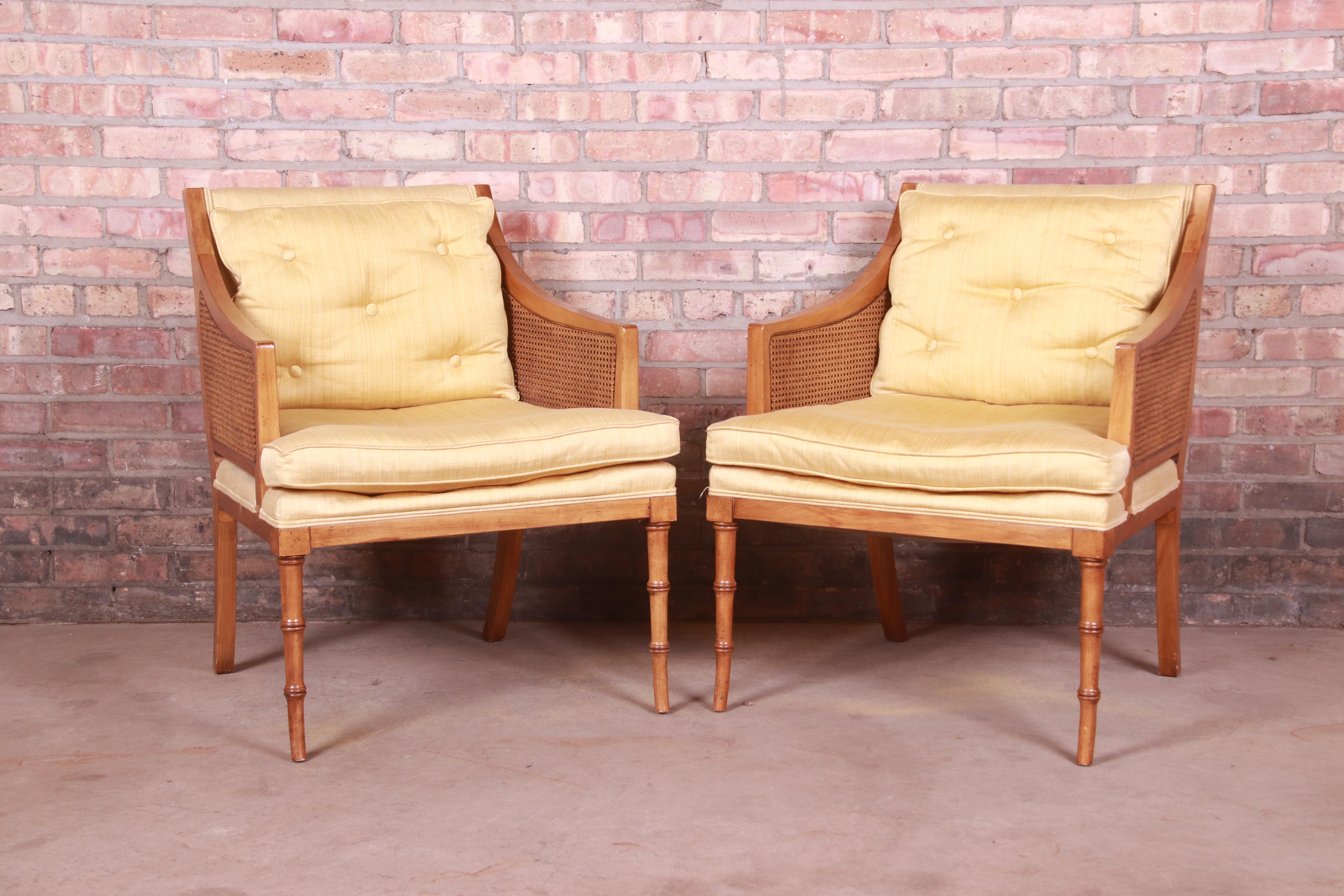 Baker Furniture Hollywood Regency Faux Bamboo and Cane Lounge Chairs, Pair 2