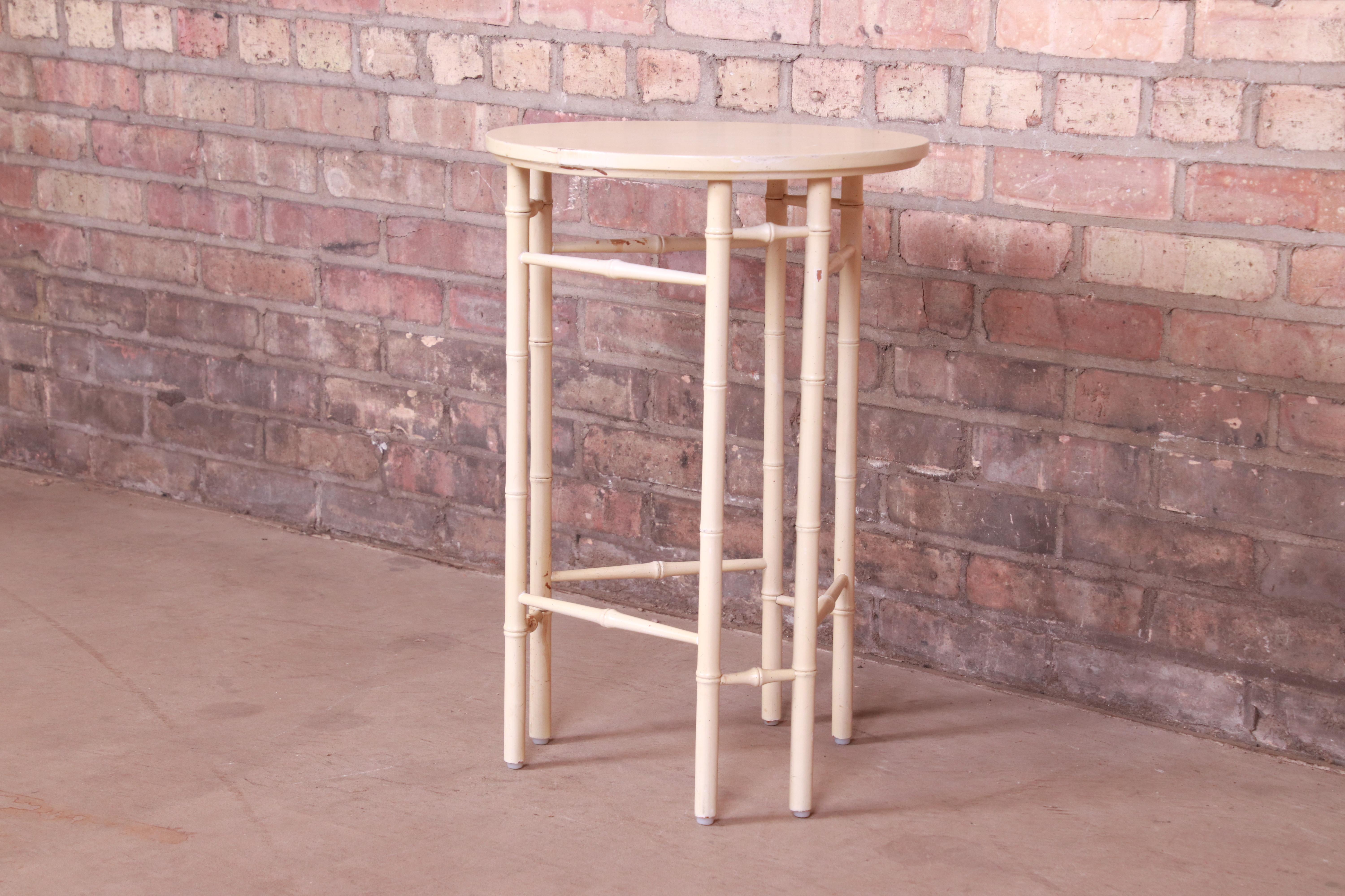 Baker Furniture Hollywood Regency Faux Bamboo Cream Lacquered Side Table, 1960s 5