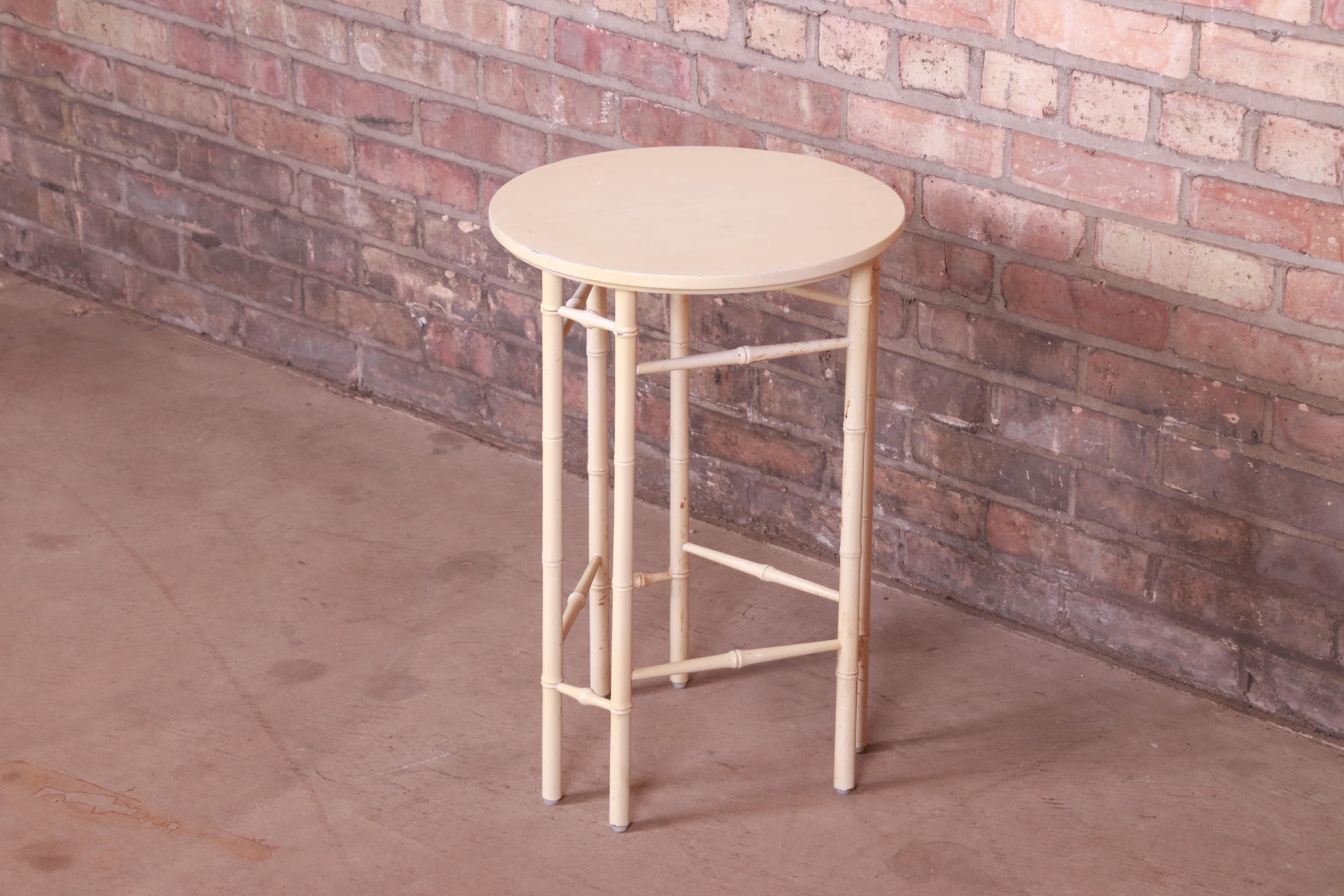 Mid-Century Modern Baker Furniture Hollywood Regency Faux Bamboo Cream Lacquered Side Table, 1960s