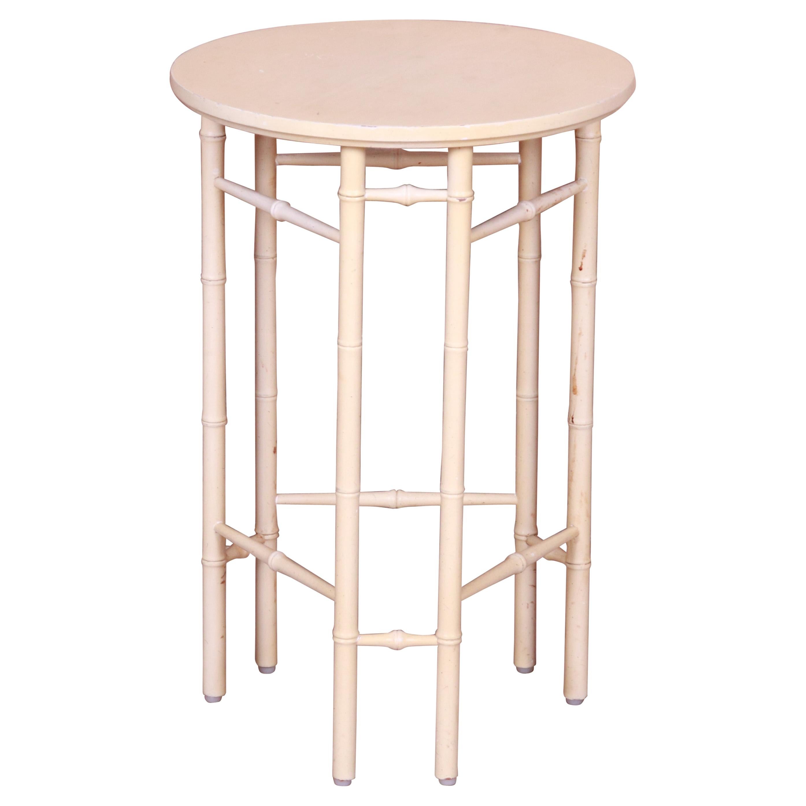 Baker Furniture Hollywood Regency Faux Bamboo Cream Lacquered Side Table, 1960s