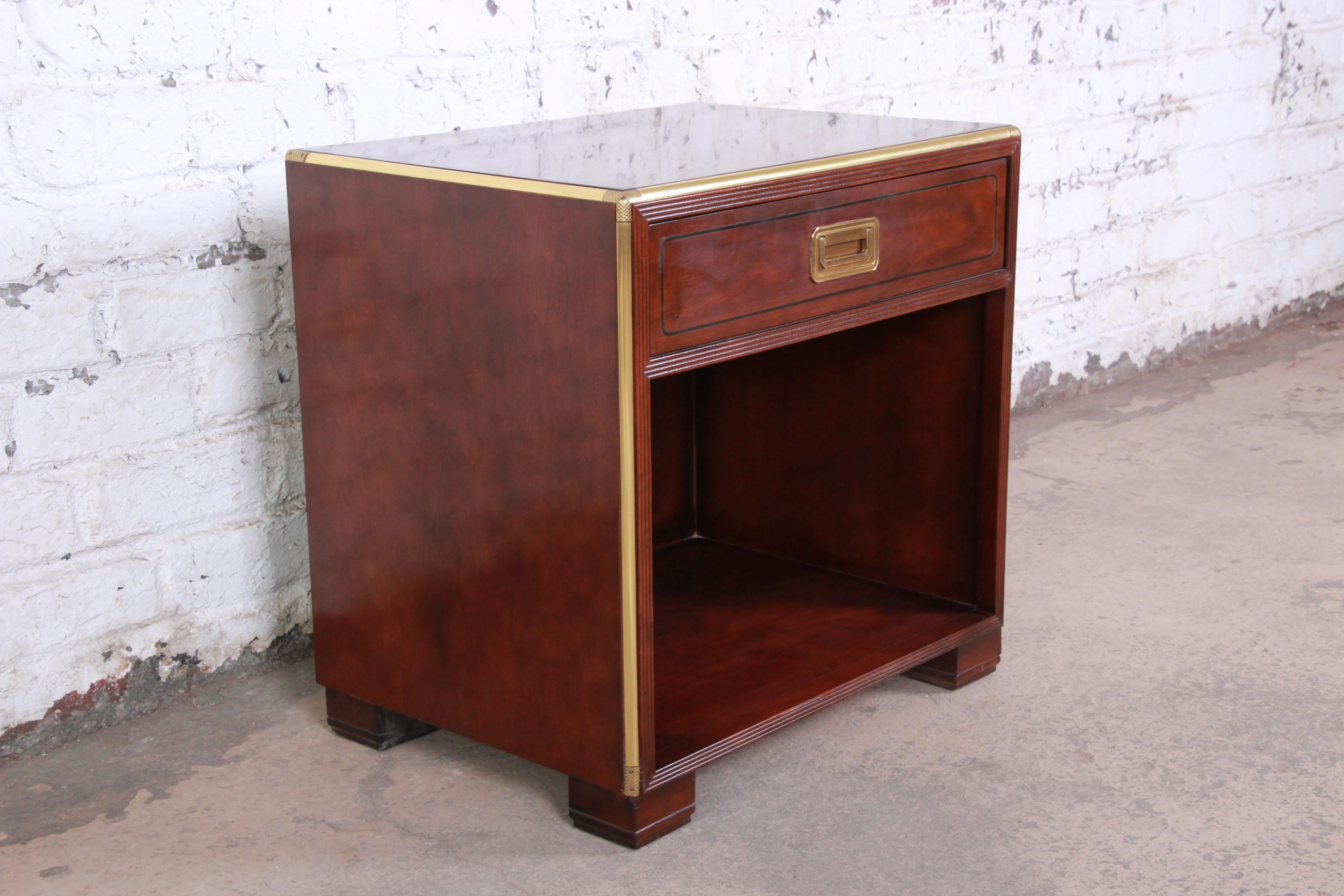 Baker Furniture Hollywood Regency Fruitwood and Brass Campaign Style Nightstand In Good Condition In South Bend, IN