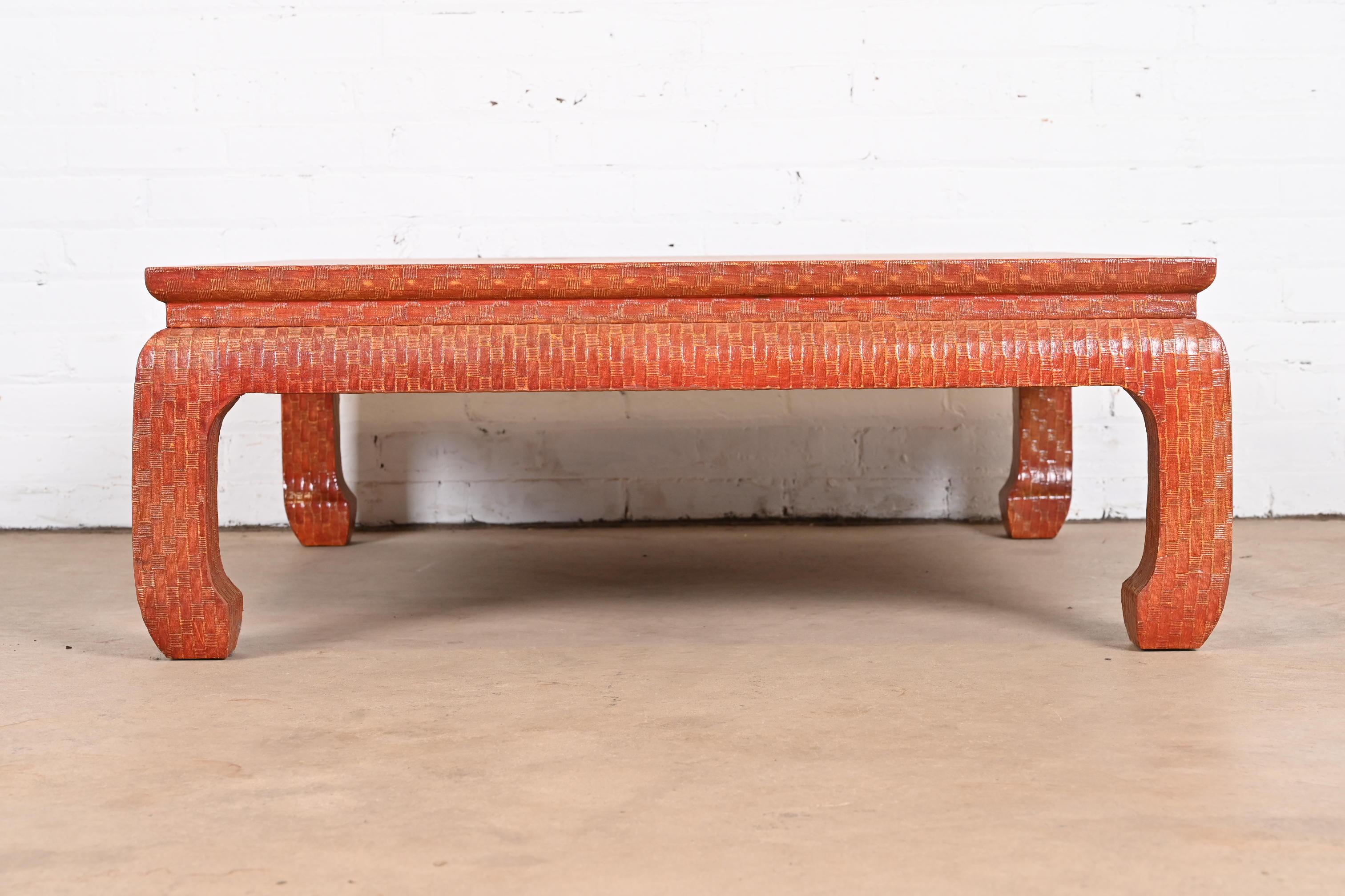 Mid-Century Modern Baker Furniture Hollywood Regency Red Lacquered Grasscloth Coffee Table