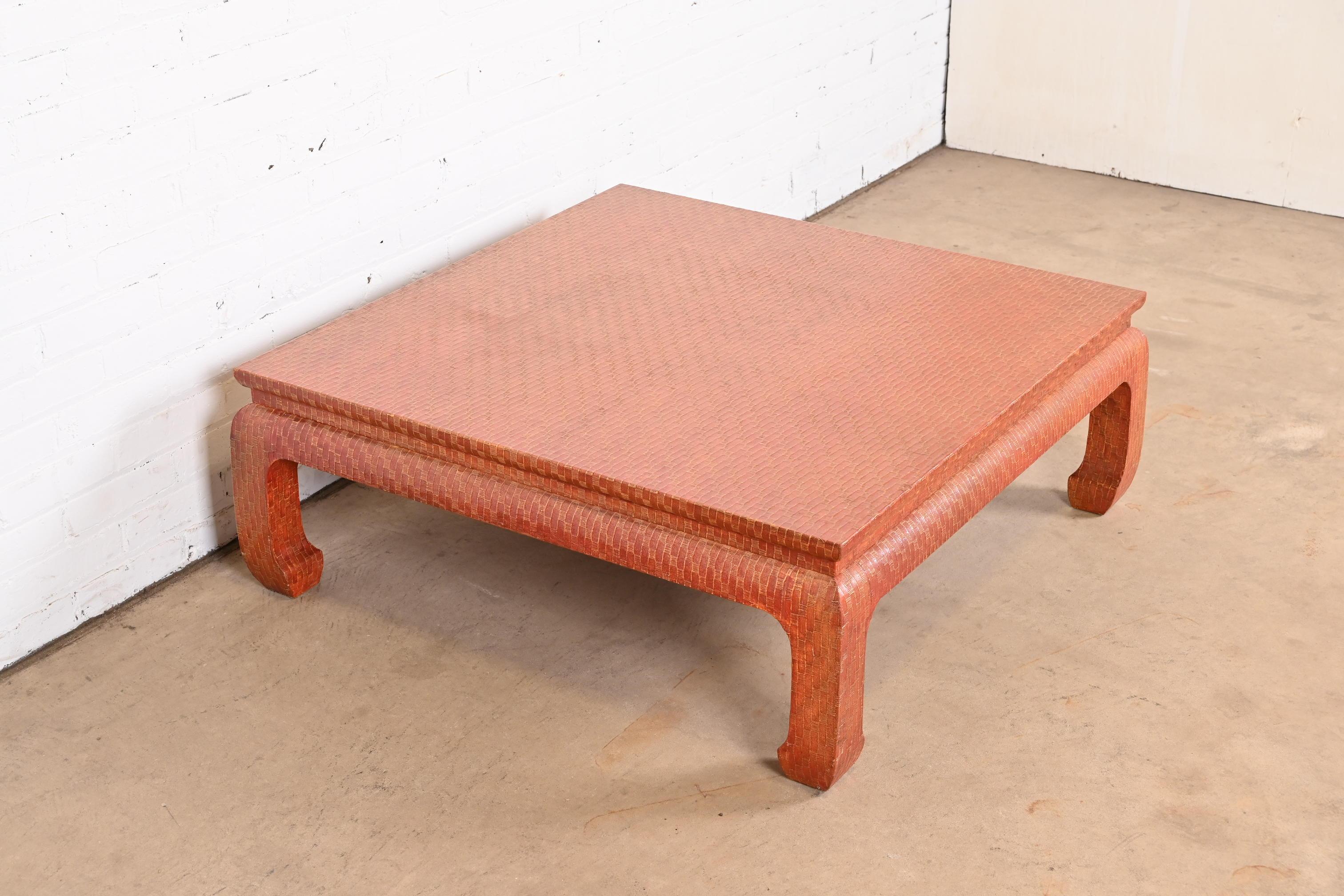 Late 20th Century Baker Furniture Hollywood Regency Red Lacquered Grasscloth Coffee Table