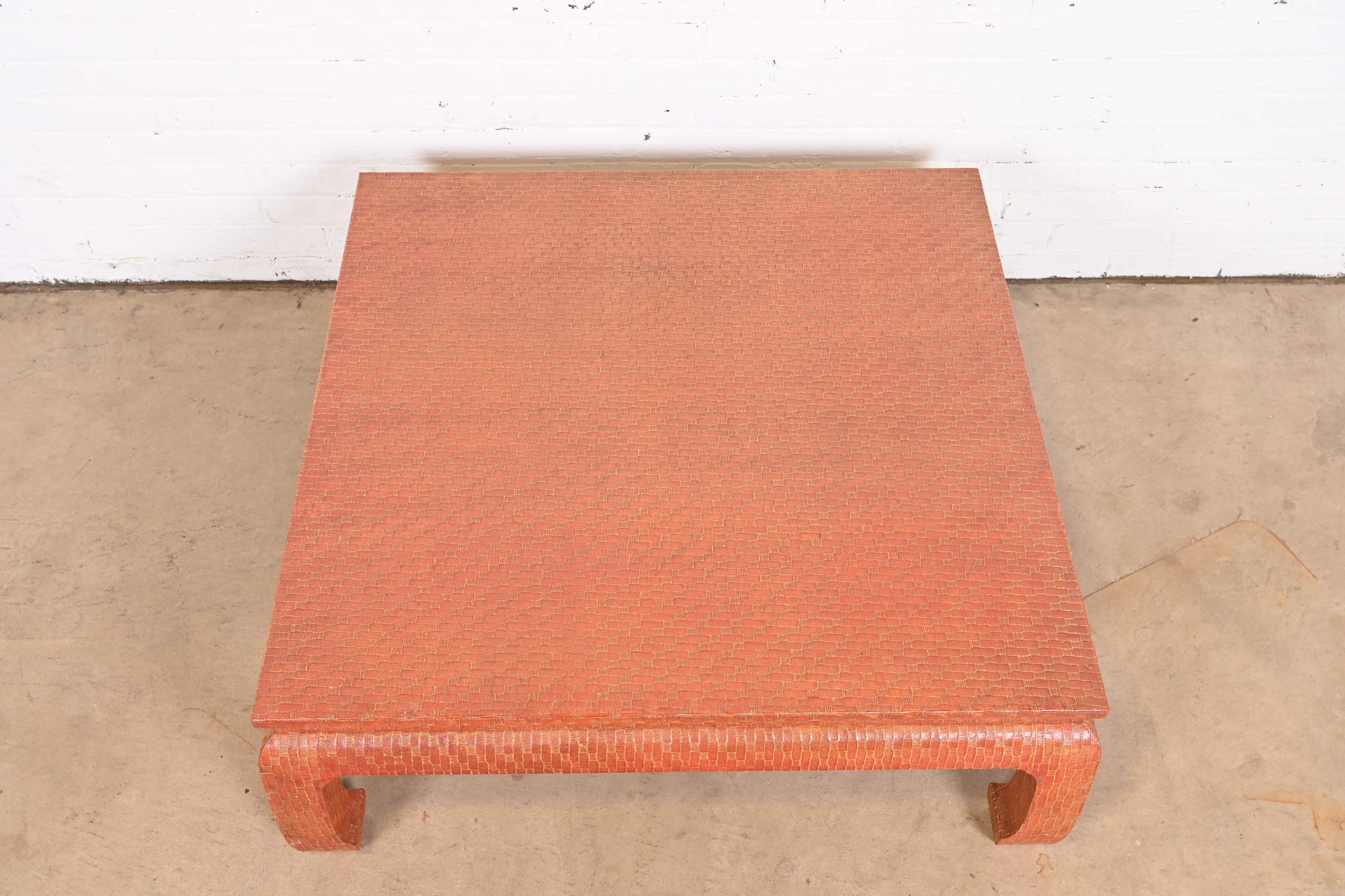 Baker Furniture Hollywood Regency Red Lacquered Grasscloth Coffee Table 2
