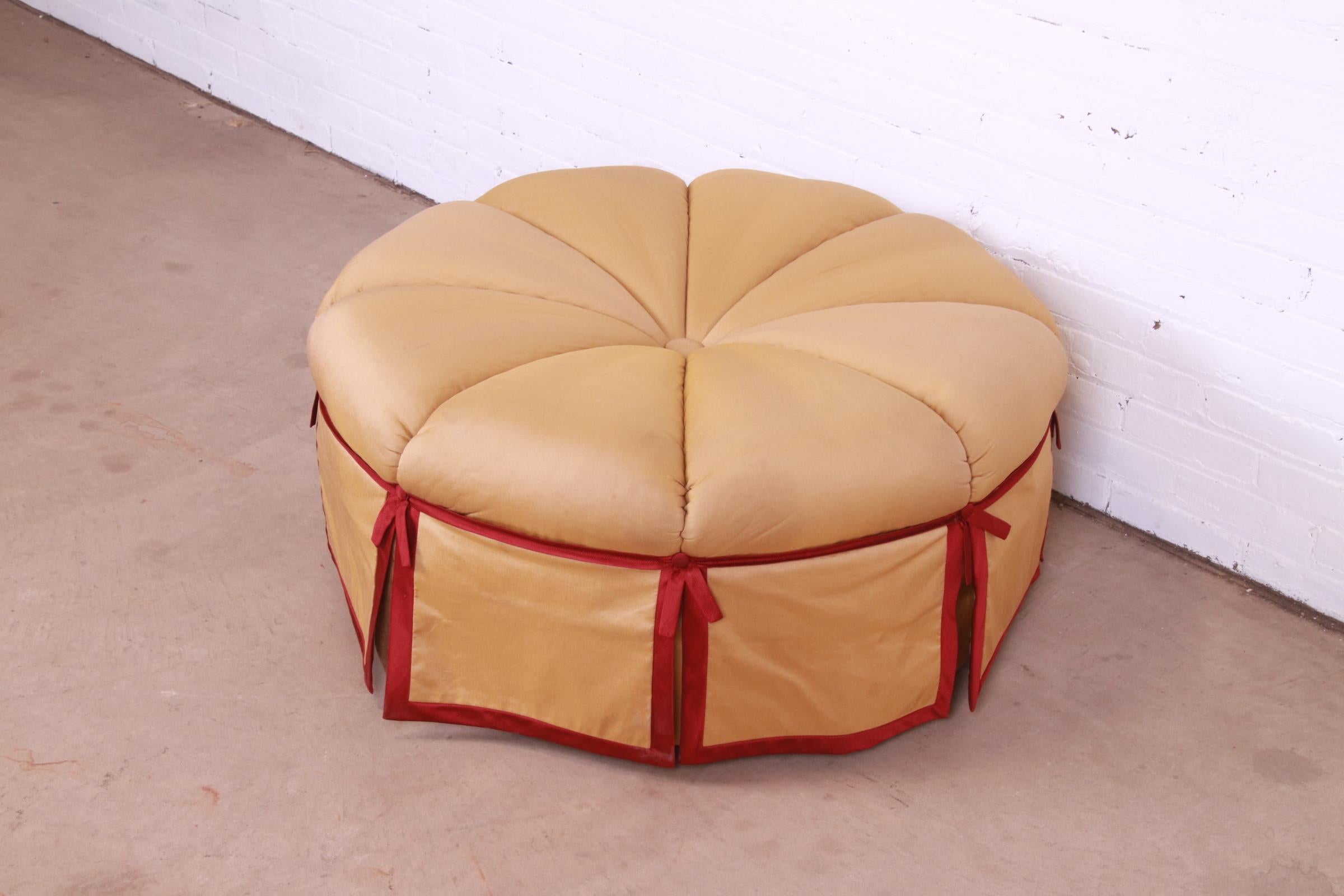 Baker Furniture Hollywood Regency Tufted Upholstered Large Round Ottoman In Good Condition In South Bend, IN