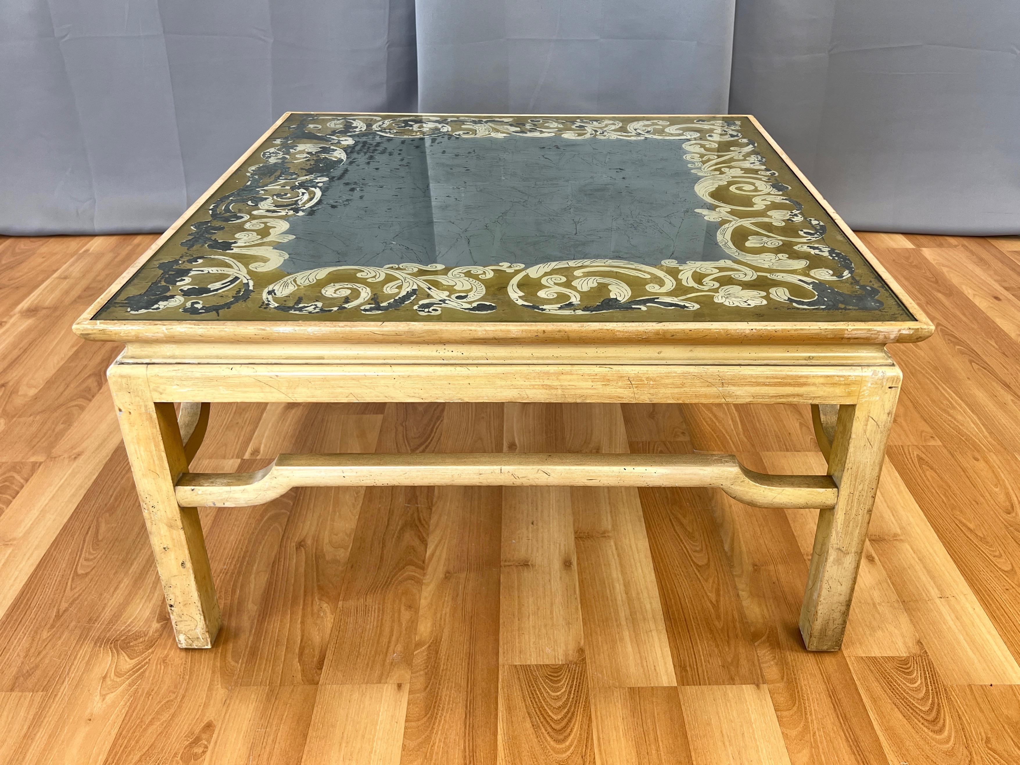 Baker Furniture Hollywood Regency Verre Églomisé Square Coffee Table, c. 1950 In Good Condition For Sale In San Francisco, CA
