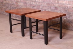 Baker Furniture Hollywood Regency Walnut and Black Lacquer End Tables, 1960s