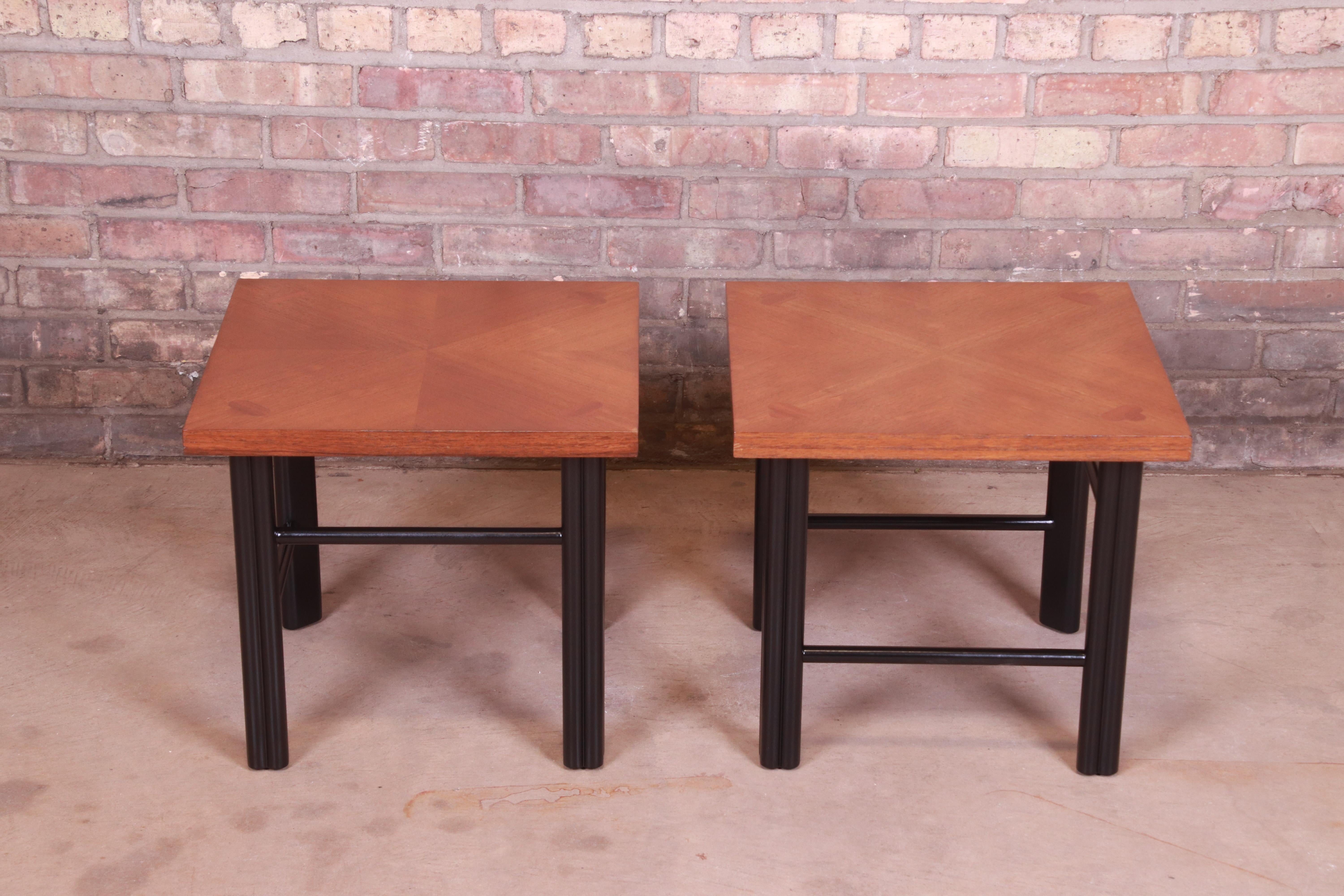 Mid-Century Modern Baker Furniture Hollywood Regency Walnut and Black Lacquer End Tables, 1960s For Sale
