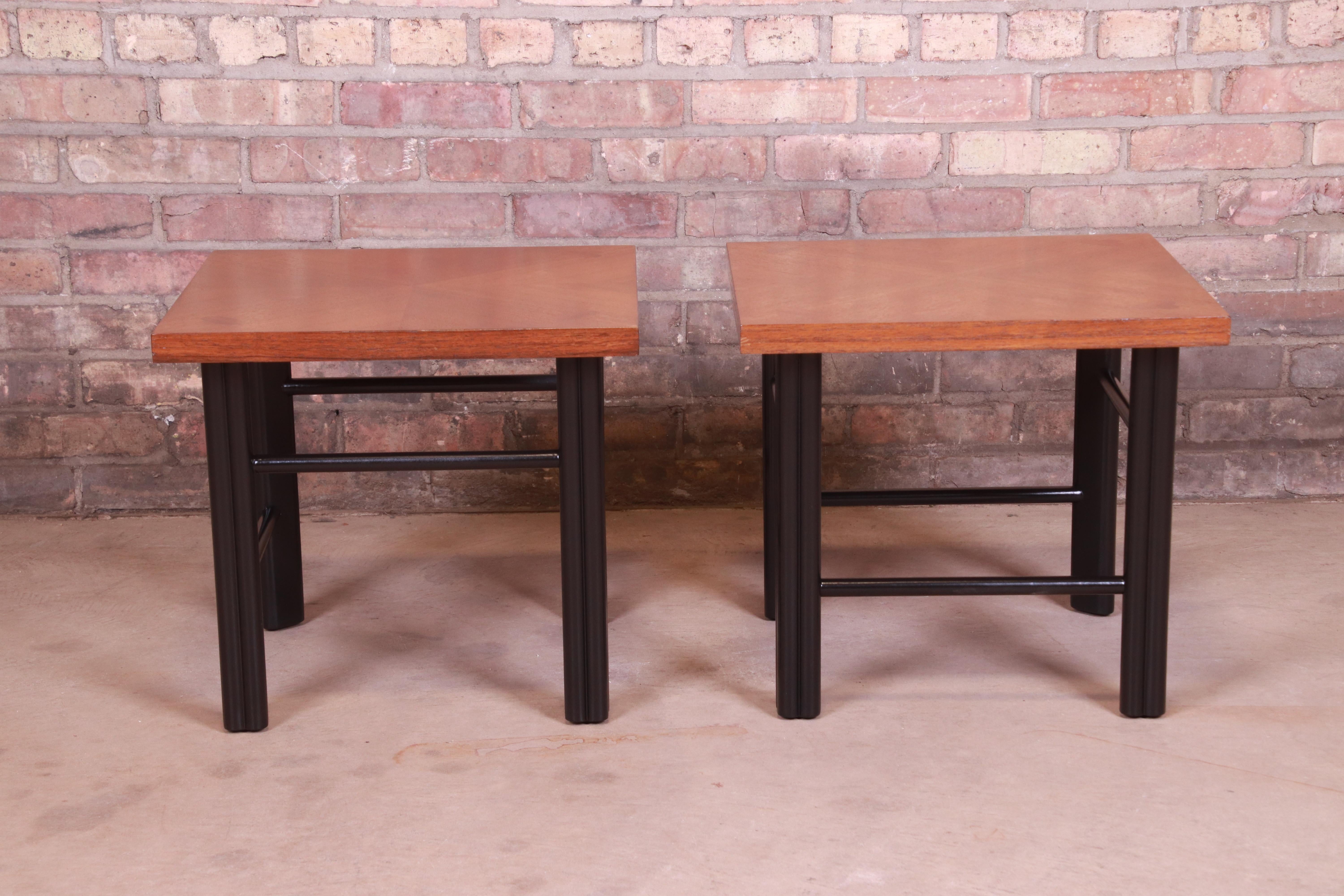 American Baker Furniture Hollywood Regency Walnut and Black Lacquer End Tables, 1960s For Sale