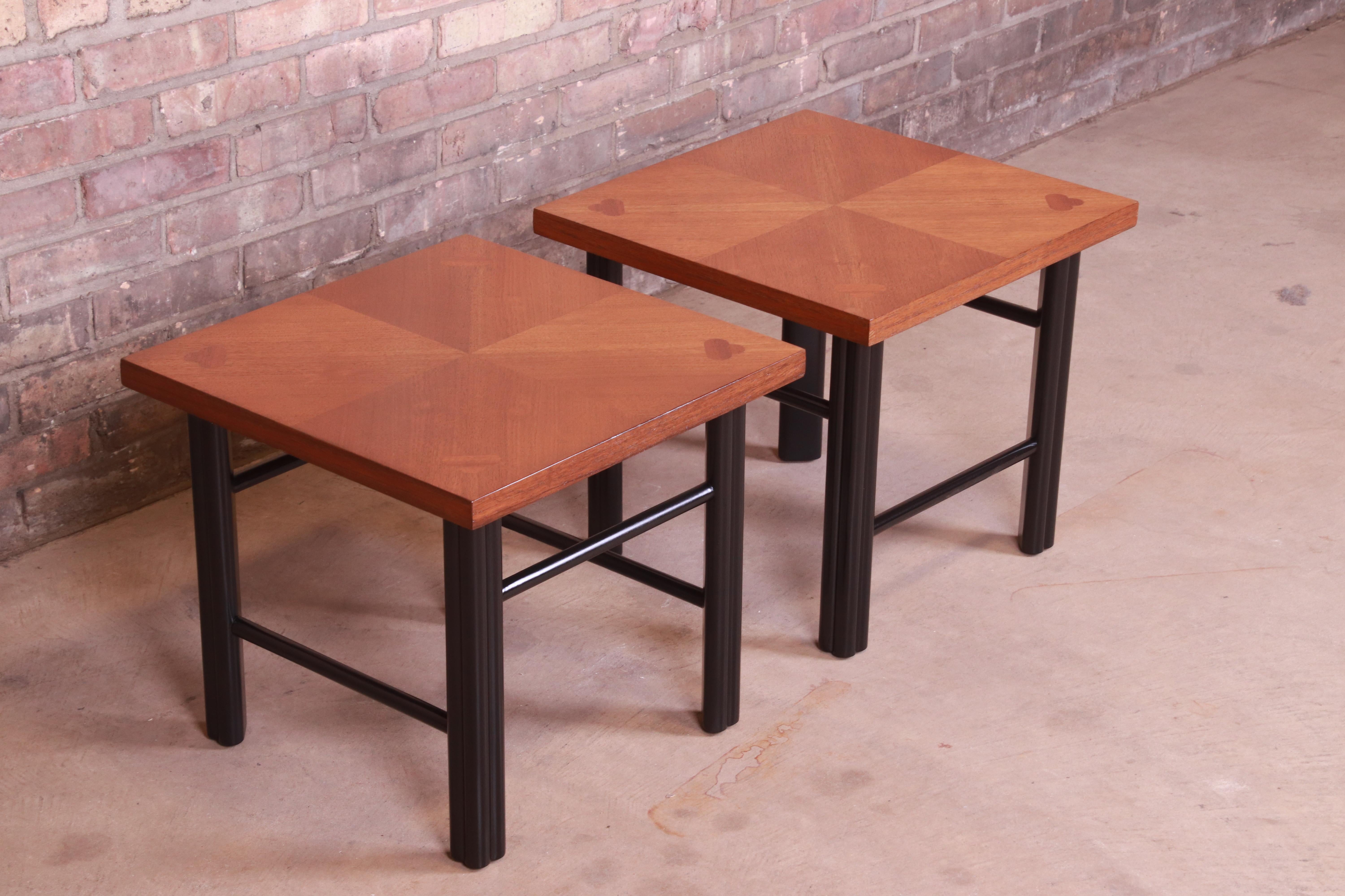 Baker Furniture Hollywood Regency Walnut and Black Lacquer End Tables, 1960s In Good Condition For Sale In South Bend, IN