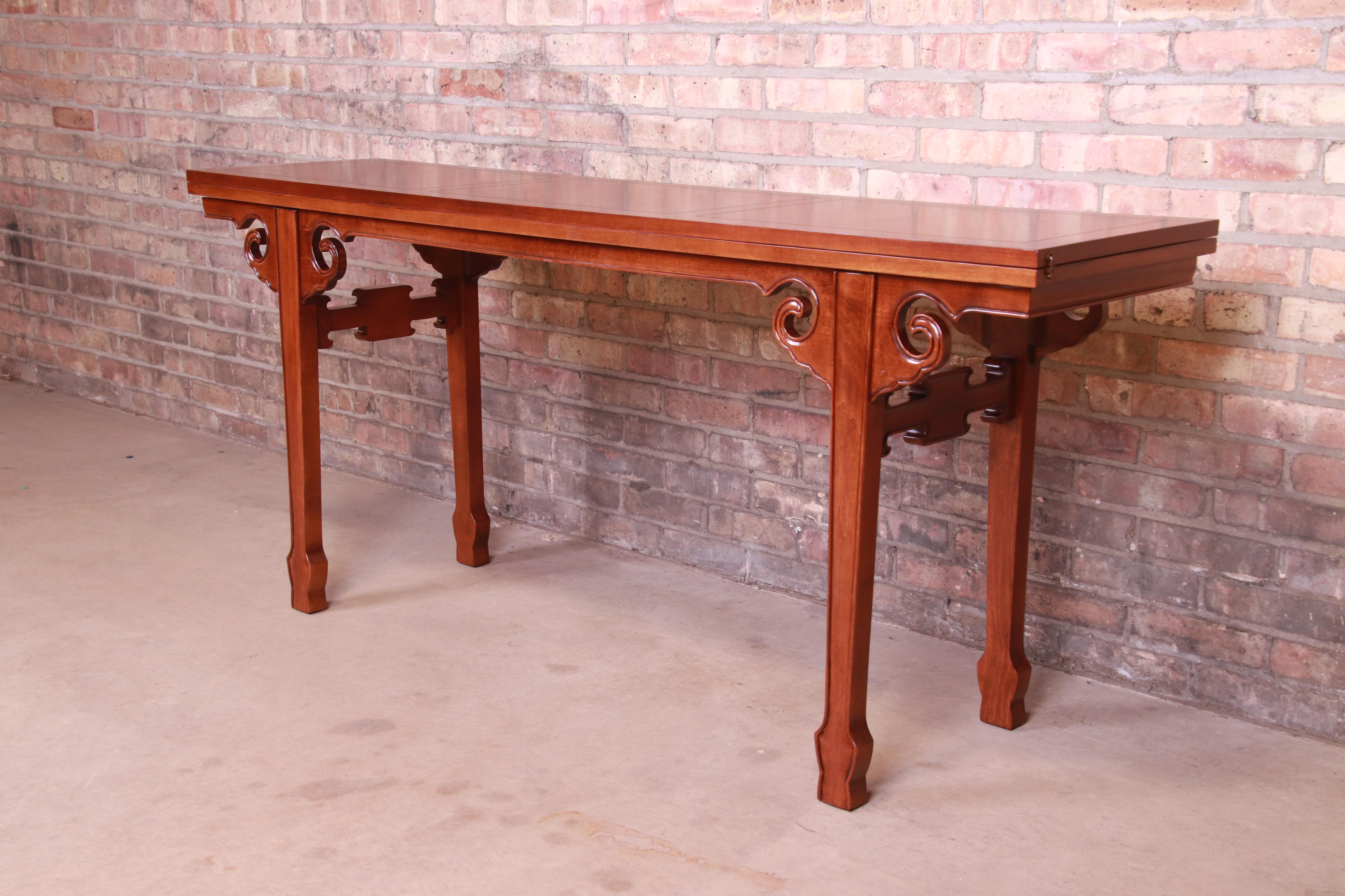 Baker Furniture Hollywood Regency Walnut and Burl Flip Top Console Table In Good Condition In South Bend, IN