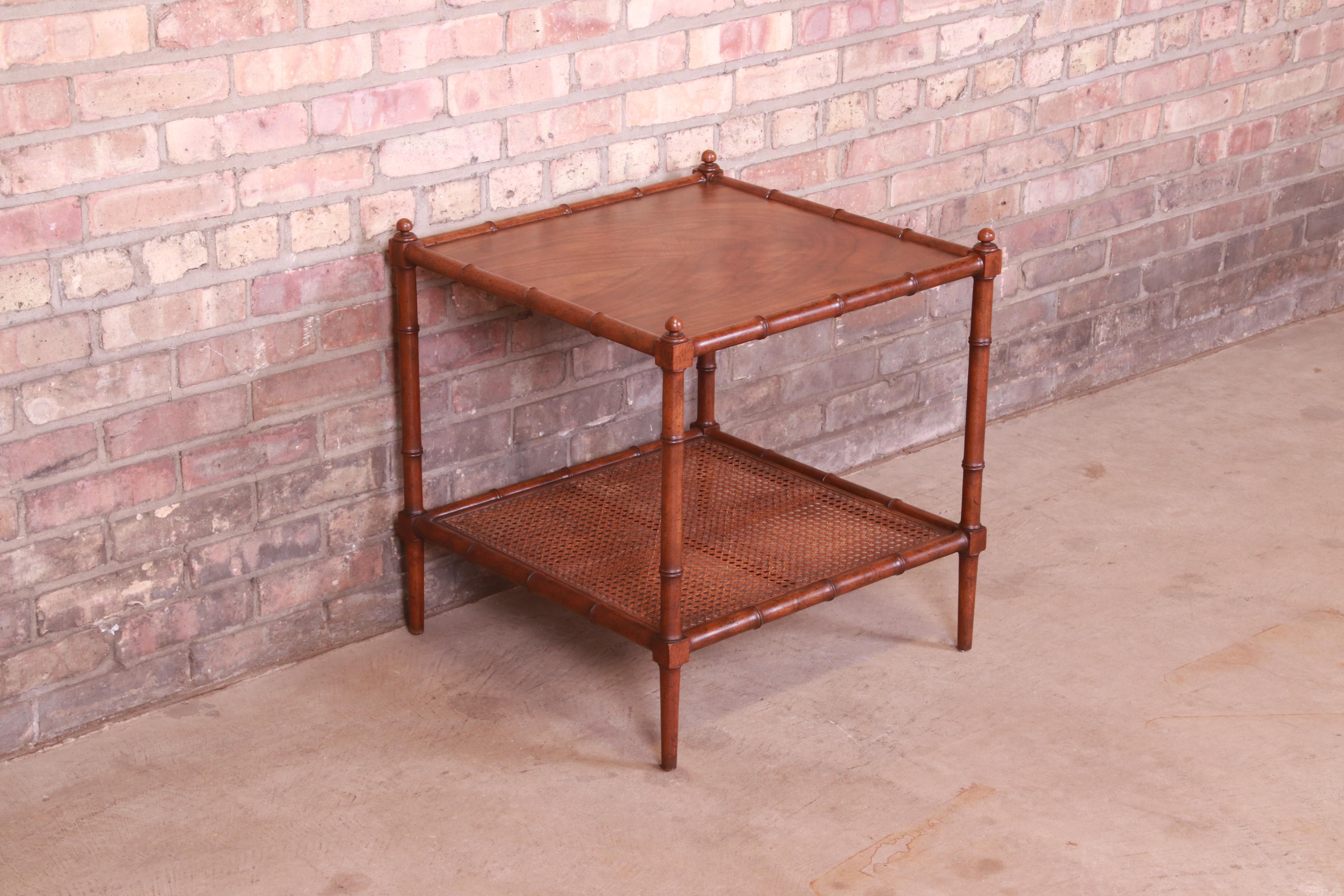 American Baker Furniture Hollywood Regency Walnut, Faux Bamboo, and Cane Side Table