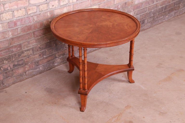 Baker Furniture Hollywood Regency Walnut Faux Bamboo Tea Table For Sale 1
