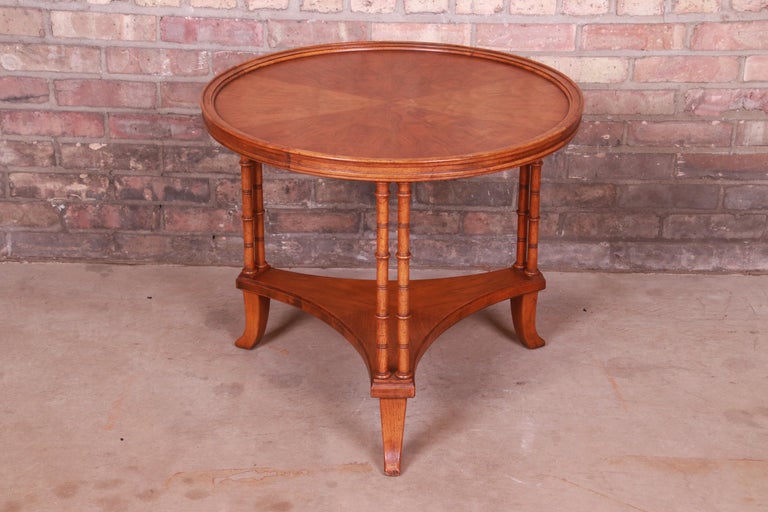 Baker Furniture Hollywood Regency Walnut Faux Bamboo Tea Table For Sale 3