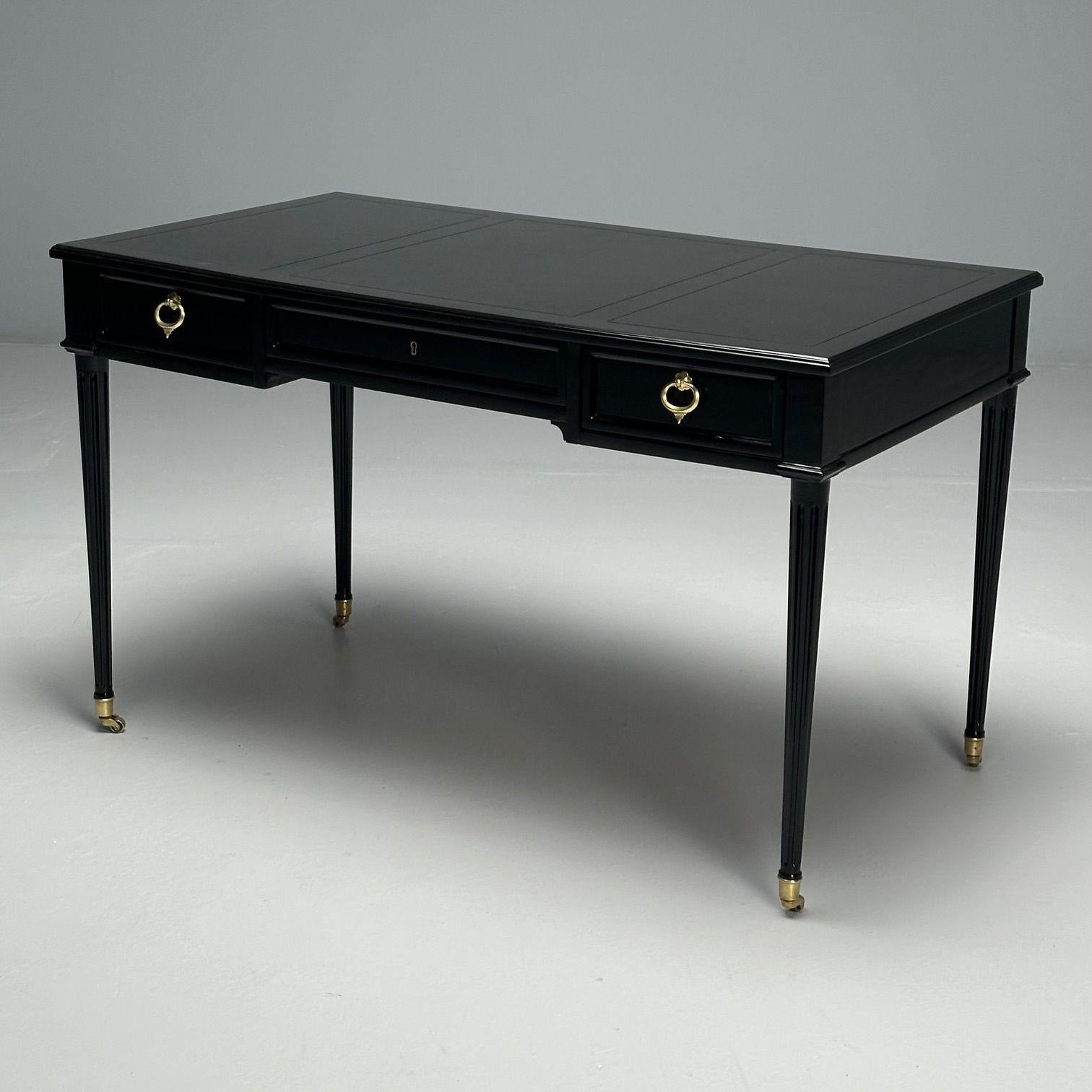 Milling Road, Baker Furniture, Hollywood Regency, Work Table or Desk, Black Lacquer, Bronze, 1960s

Fully refinished in our custom Steinway ebony lacquer finish is this finely constructed desk or writing table designed and produced by Milling Road