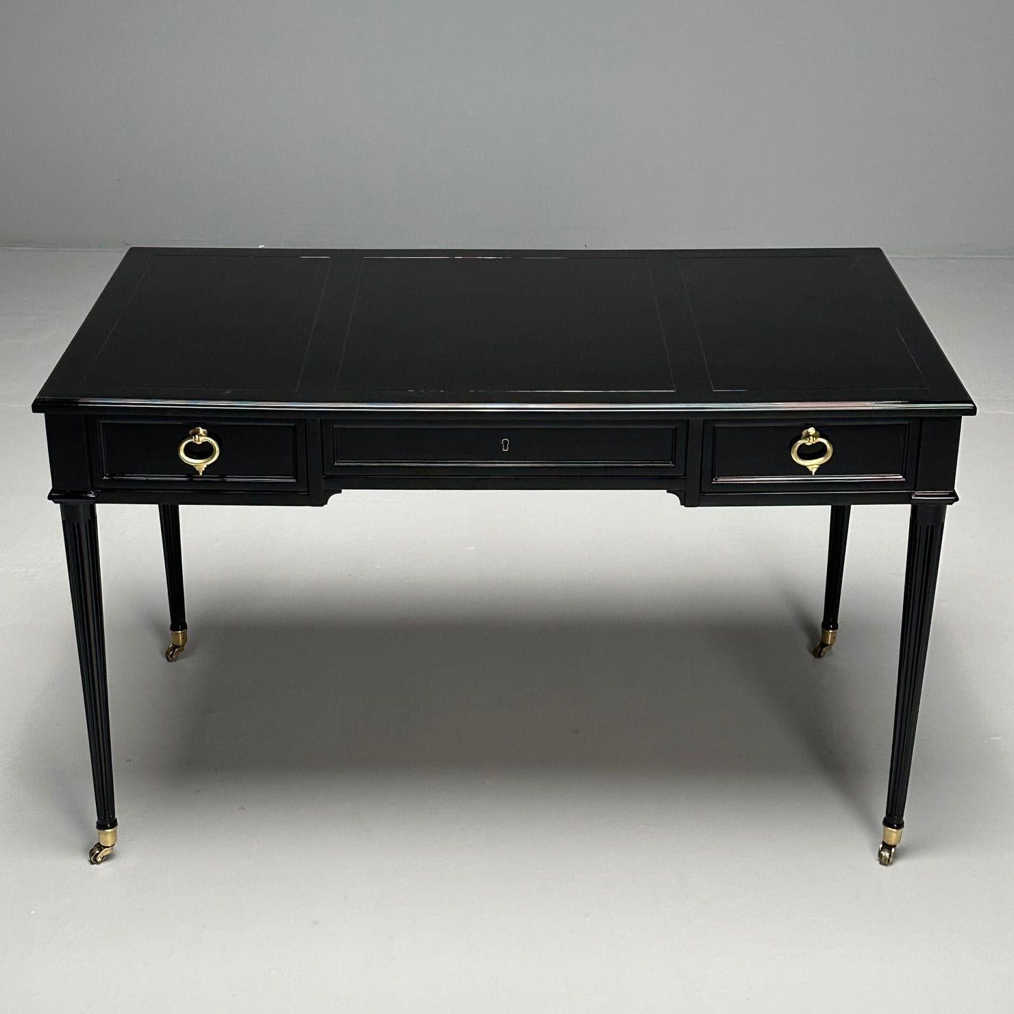 American Baker Furniture, Hollywood Regency, Writing Desk, Black Lacquer, Bronze, 1960s