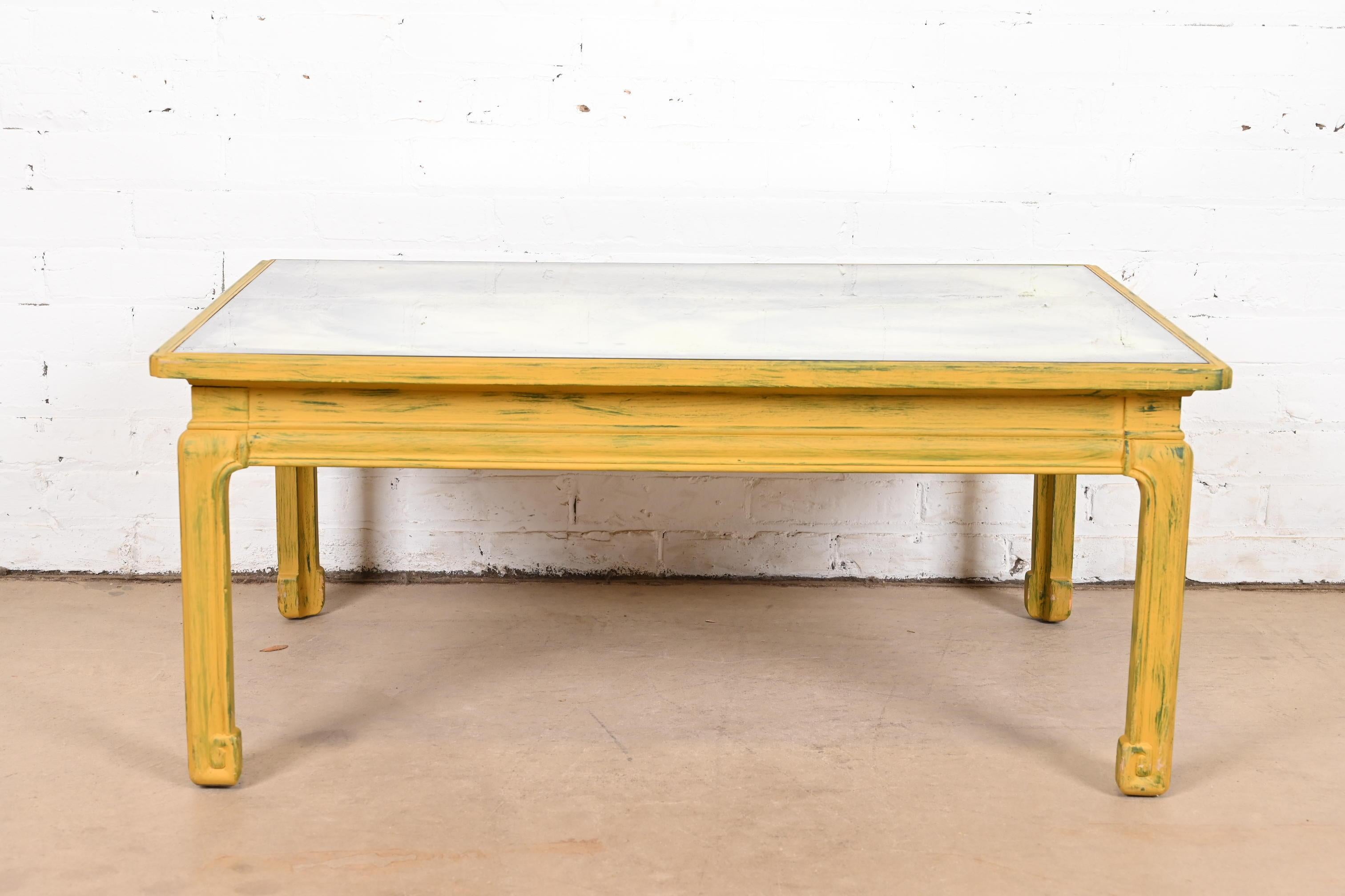 Chinoiserie Baker Furniture Hollywood Regency Yellow Lacquered Mirror Top Coffee Table For Sale
