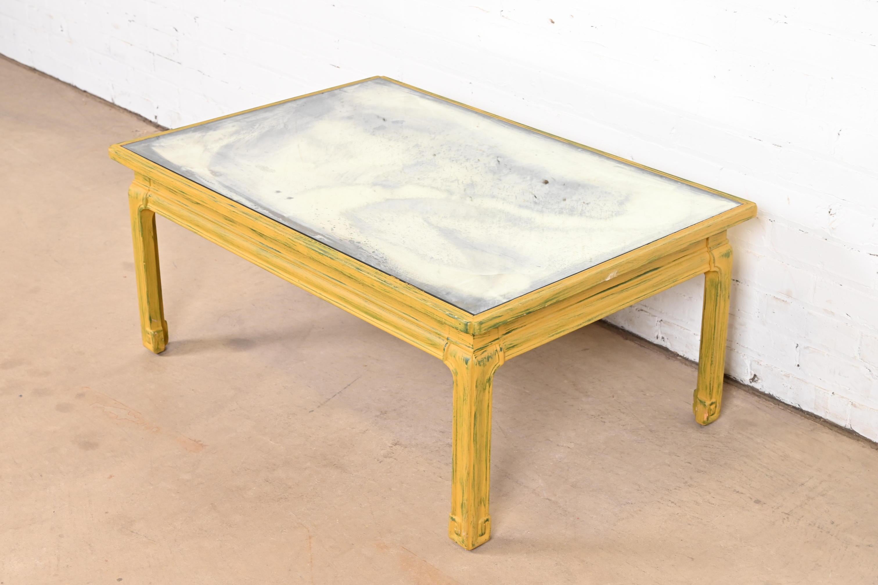 American Baker Furniture Hollywood Regency Yellow Lacquered Mirror Top Coffee Table For Sale