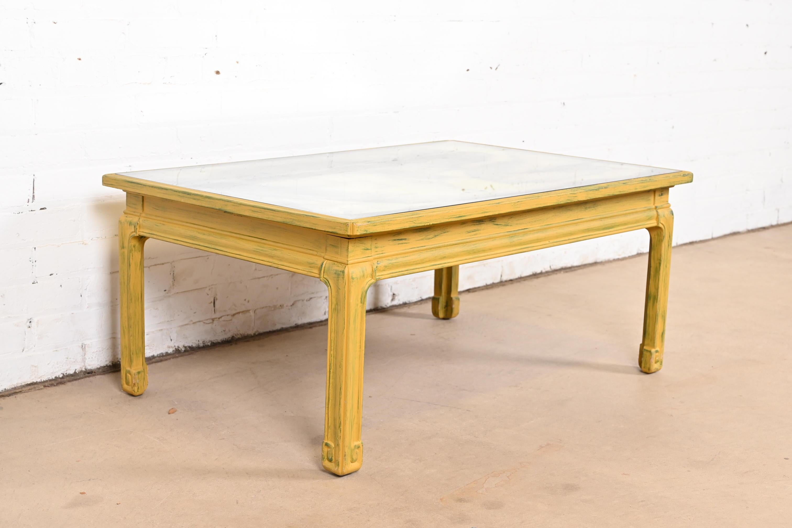 Mid-20th Century Baker Furniture Hollywood Regency Yellow Lacquered Mirror Top Coffee Table For Sale