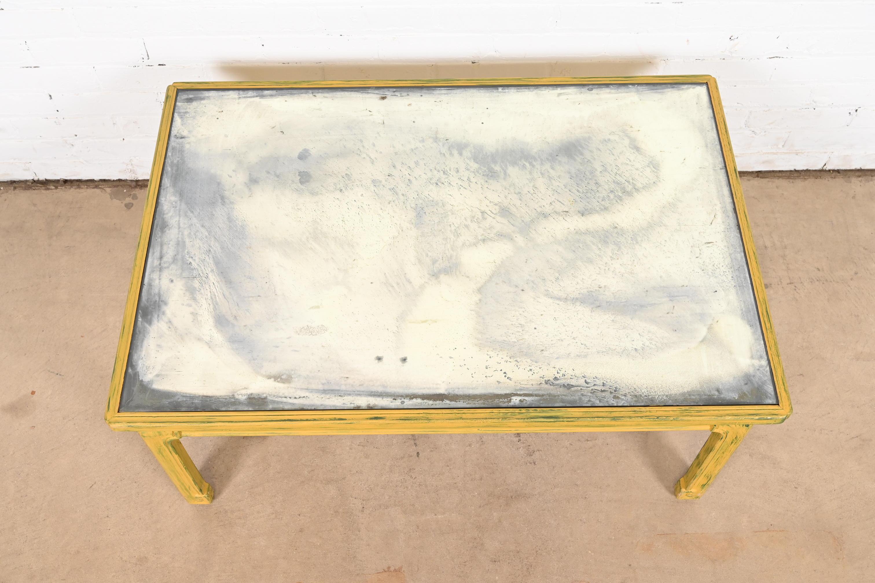 Baker Furniture Hollywood Regency Yellow Lacquered Mirror Top Coffee Table For Sale 1