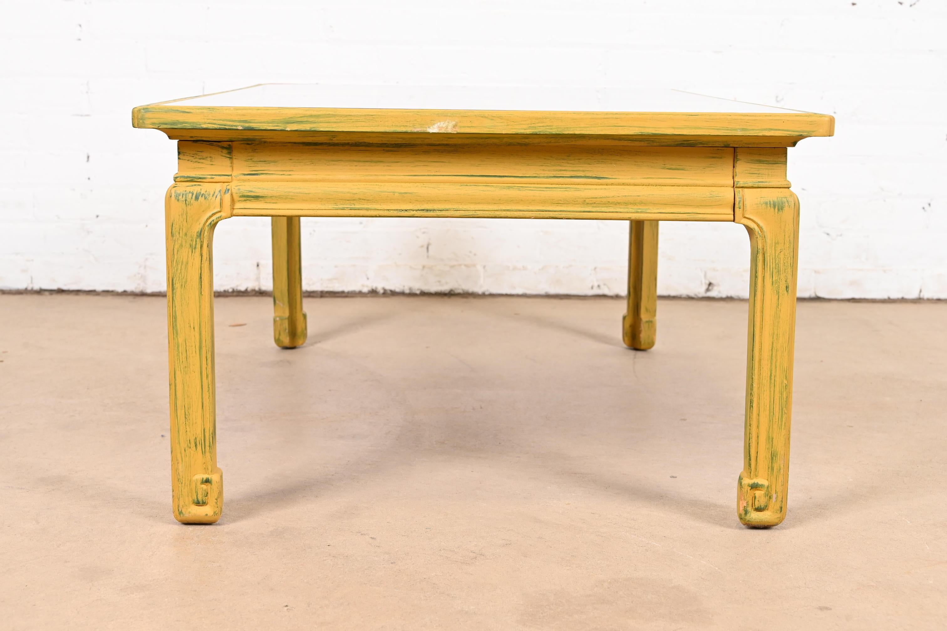 Baker Furniture Hollywood Regency Yellow Lacquered Mirror Top Coffee Table For Sale 2