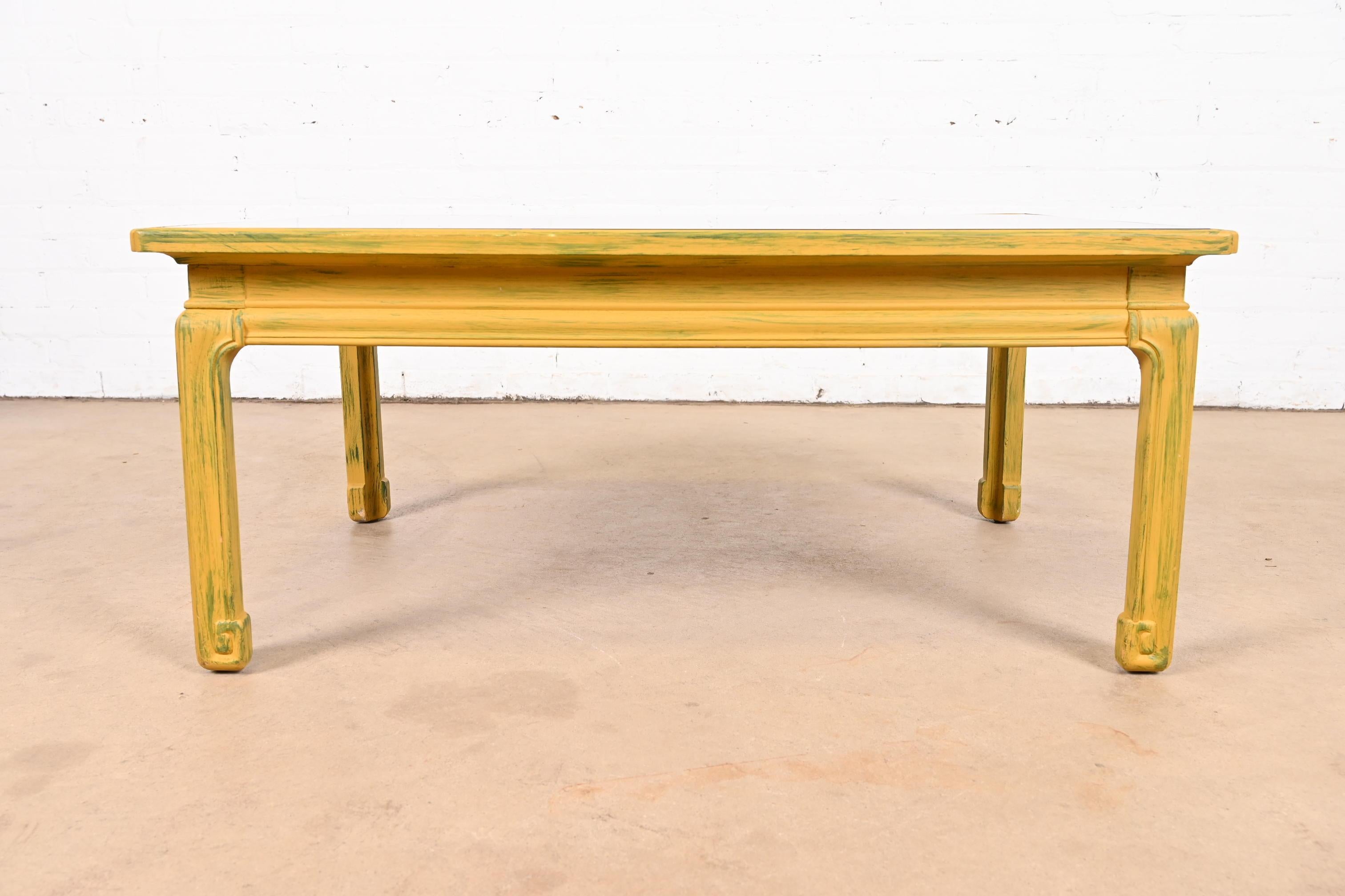 Baker Furniture Hollywood Regency Yellow Lacquered Mirror Top Coffee Table For Sale 3