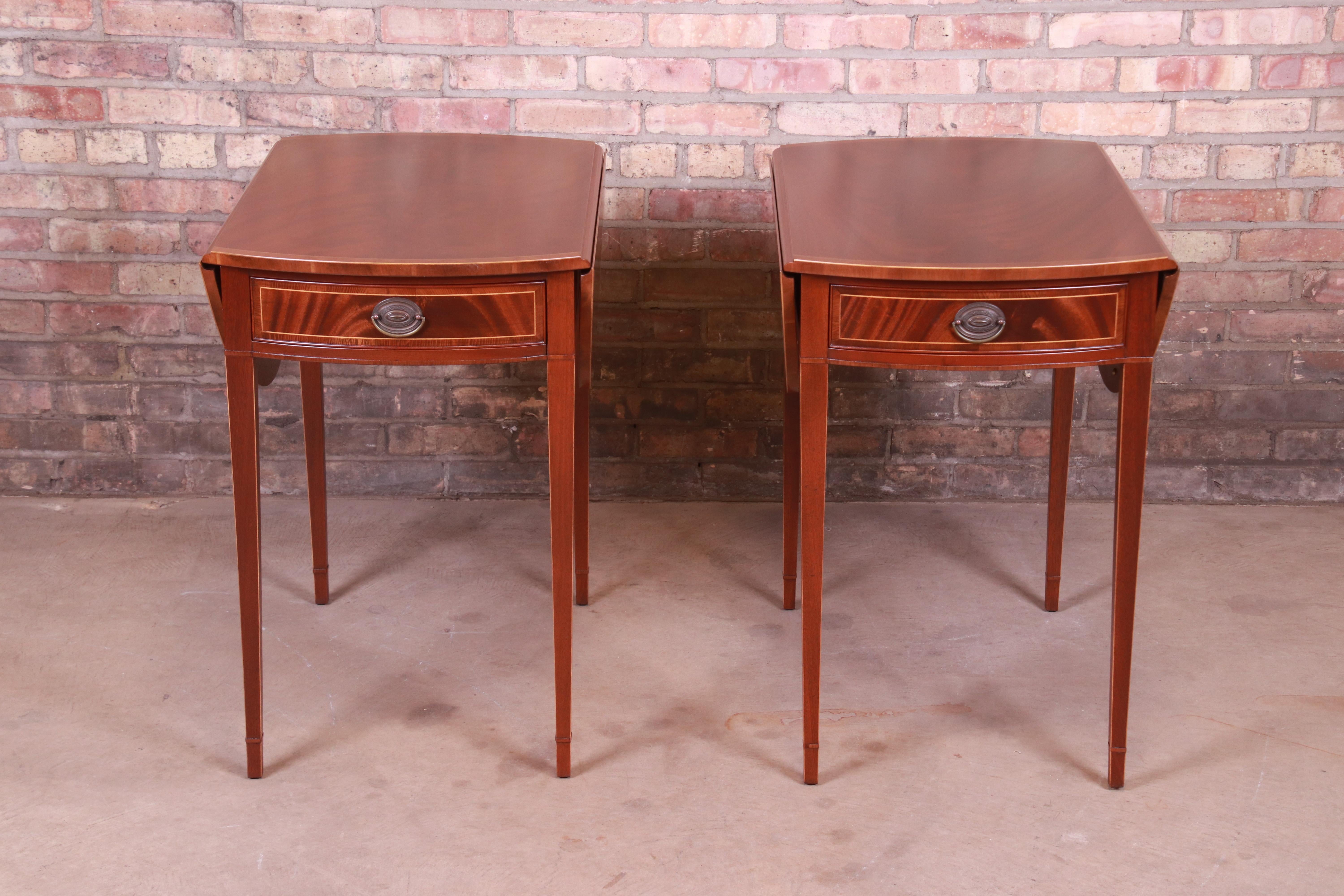 Sheraton Baker Furniture Inlaid Mahogany Pembroke Tea Tables, Newly Restored