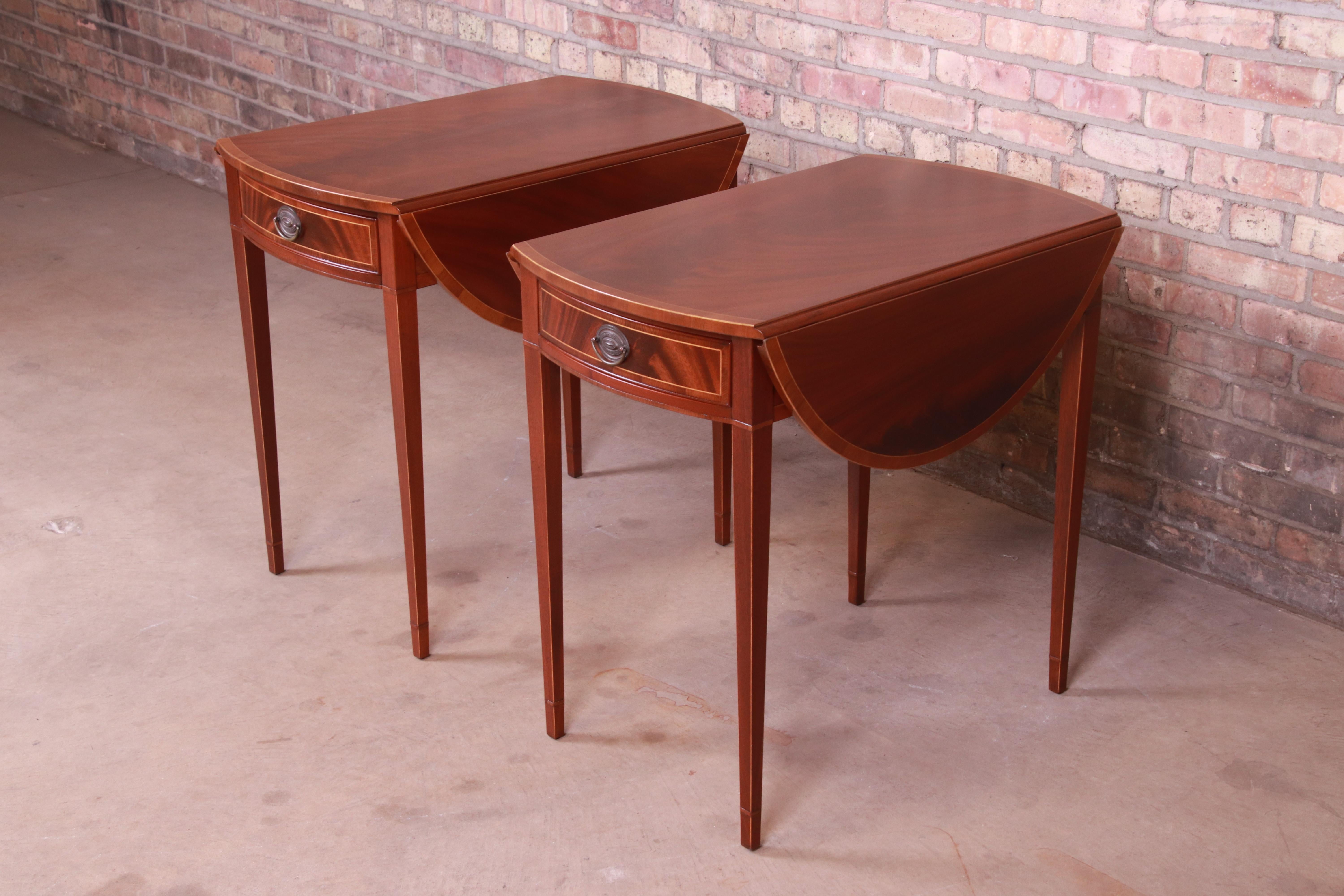 American Baker Furniture Inlaid Mahogany Pembroke Tea Tables, Newly Restored