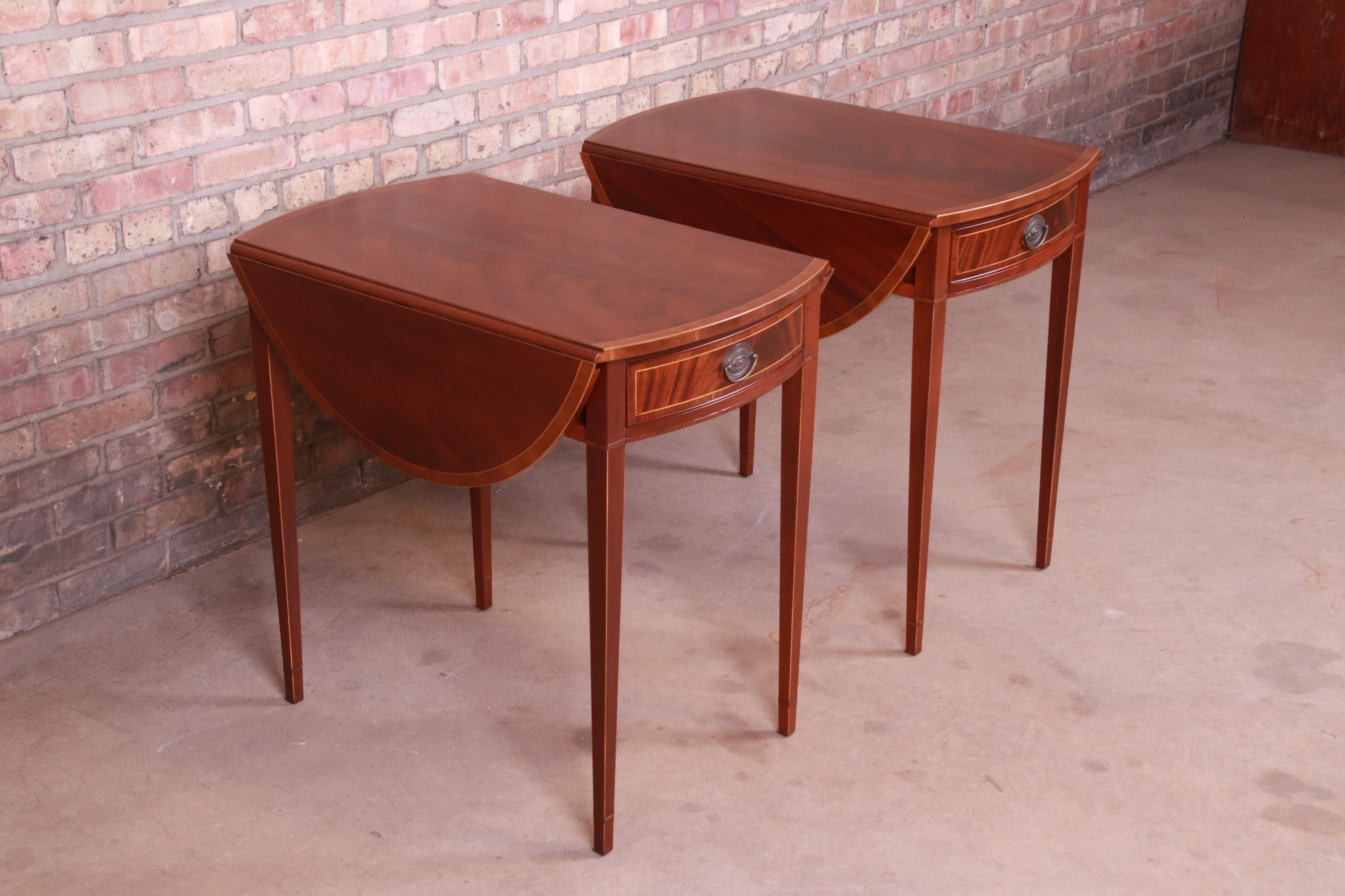 Baker Furniture Inlaid Mahogany Pembroke Tea Tables, Newly Restored In Good Condition In South Bend, IN