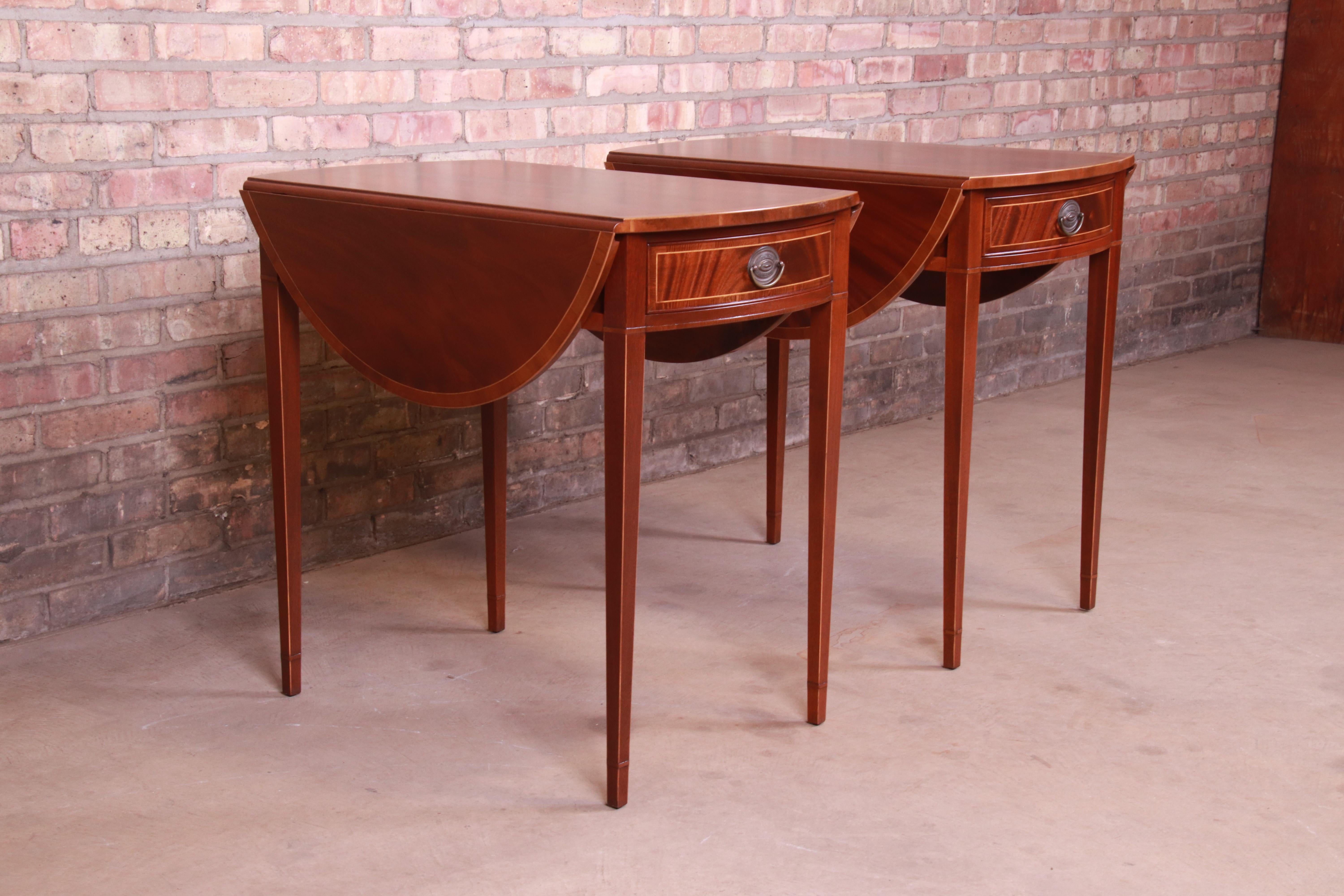 Mid-20th Century Baker Furniture Inlaid Mahogany Pembroke Tea Tables, Newly Restored
