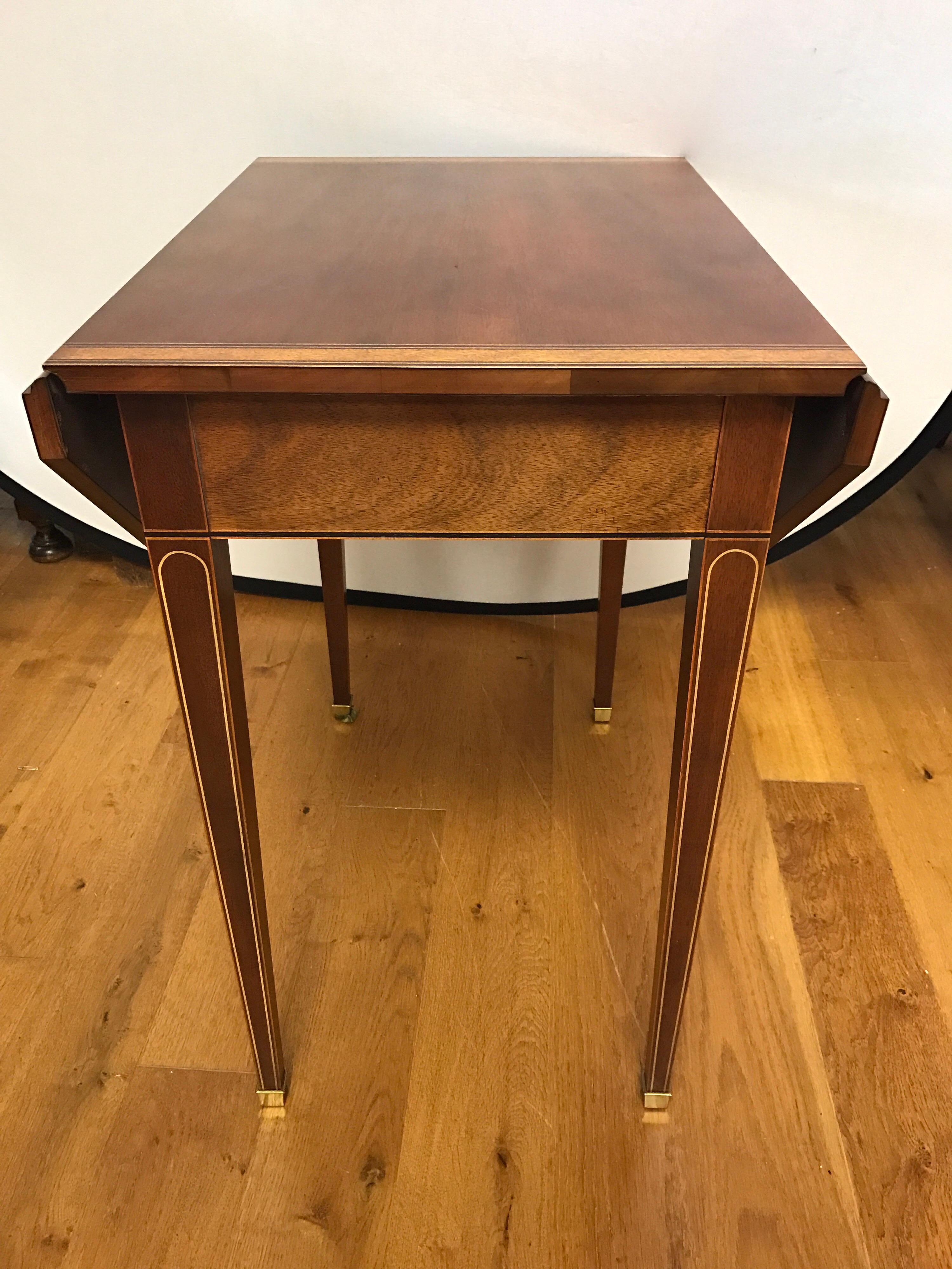 Brass Baker Furniture Inlay Mahogany Drop Leaf End Table