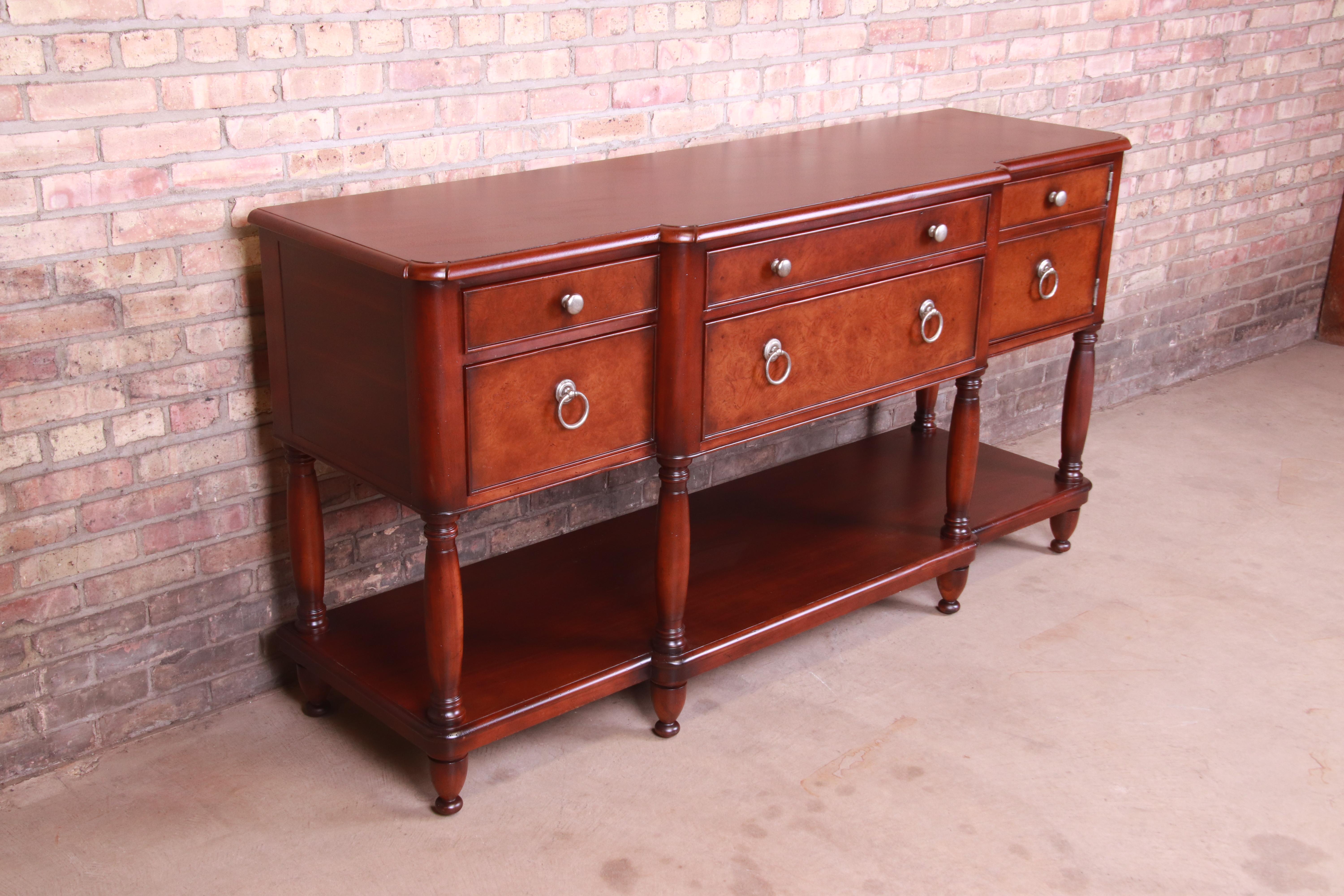 Baker Furniture Italian Provincial Mahogany and Burl Wood Sideboard, Refinished In Good Condition In South Bend, IN