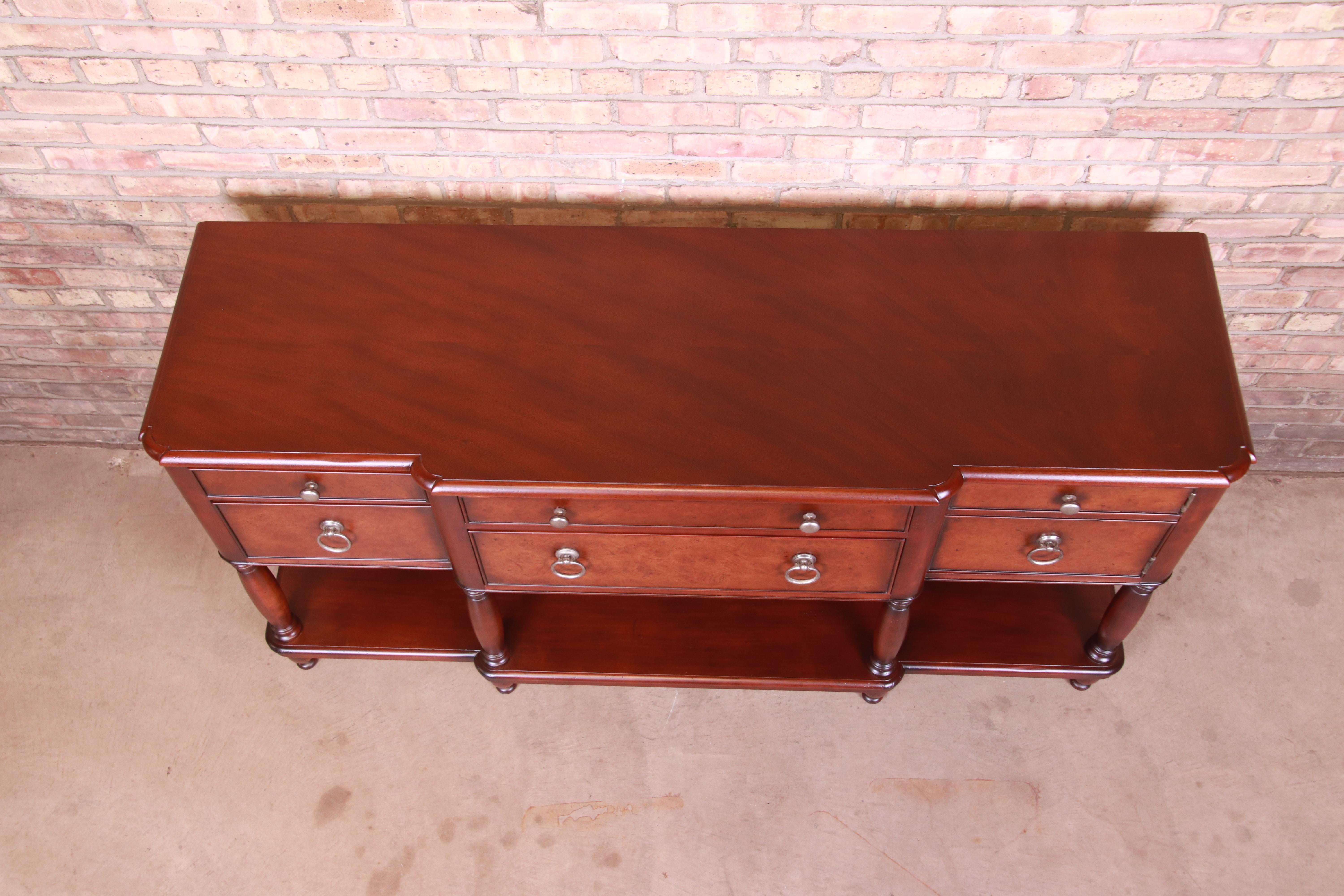 Brass Baker Furniture Italian Provincial Mahogany and Burl Wood Sideboard, Refinished