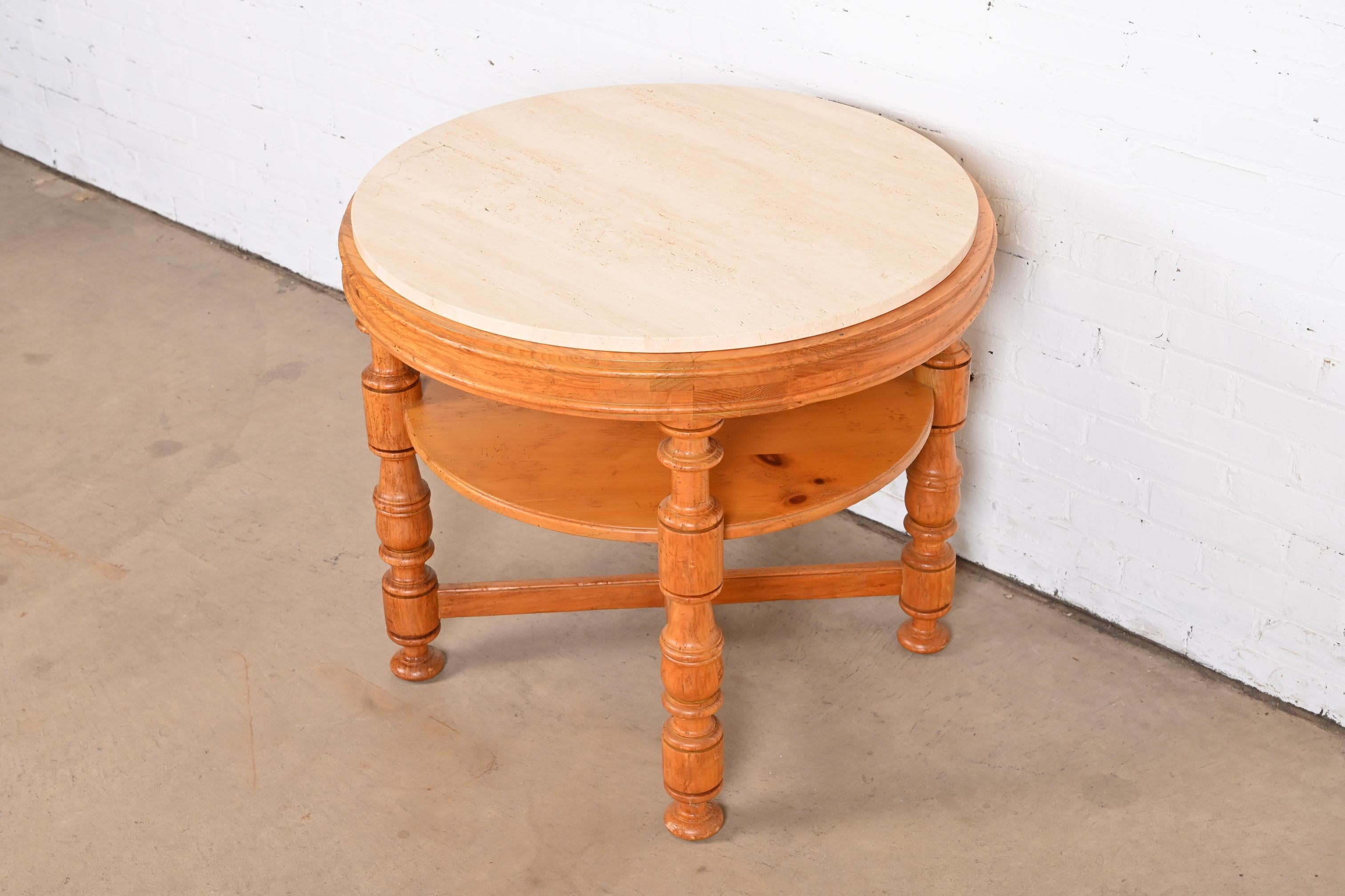 American Baker Furniture Italian Provincial Pine Travertine Top Tea Table or Center Table