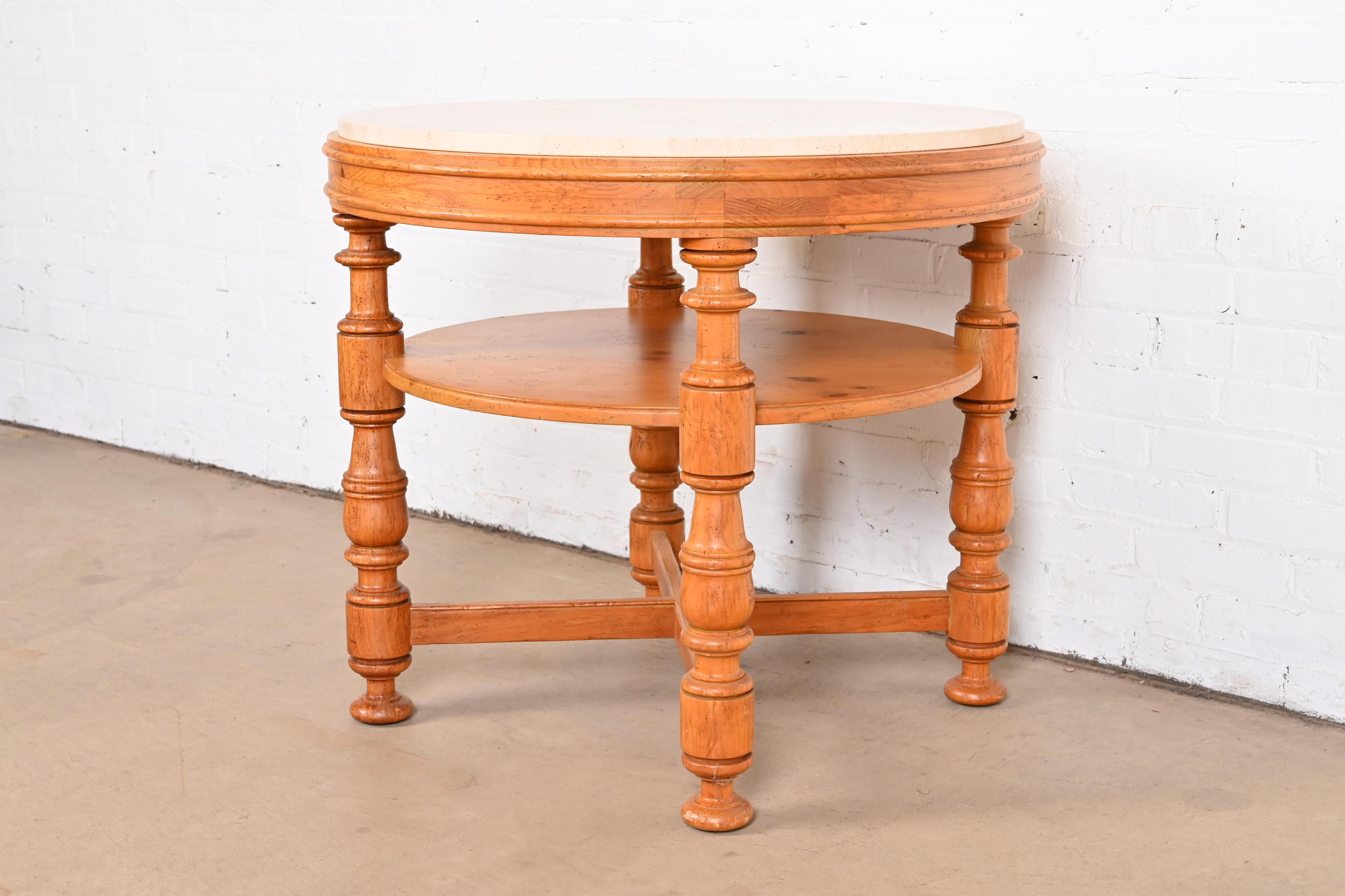 Baker Furniture Italian Provincial Pine Travertine Top Tea Table or Center Table In Good Condition In South Bend, IN