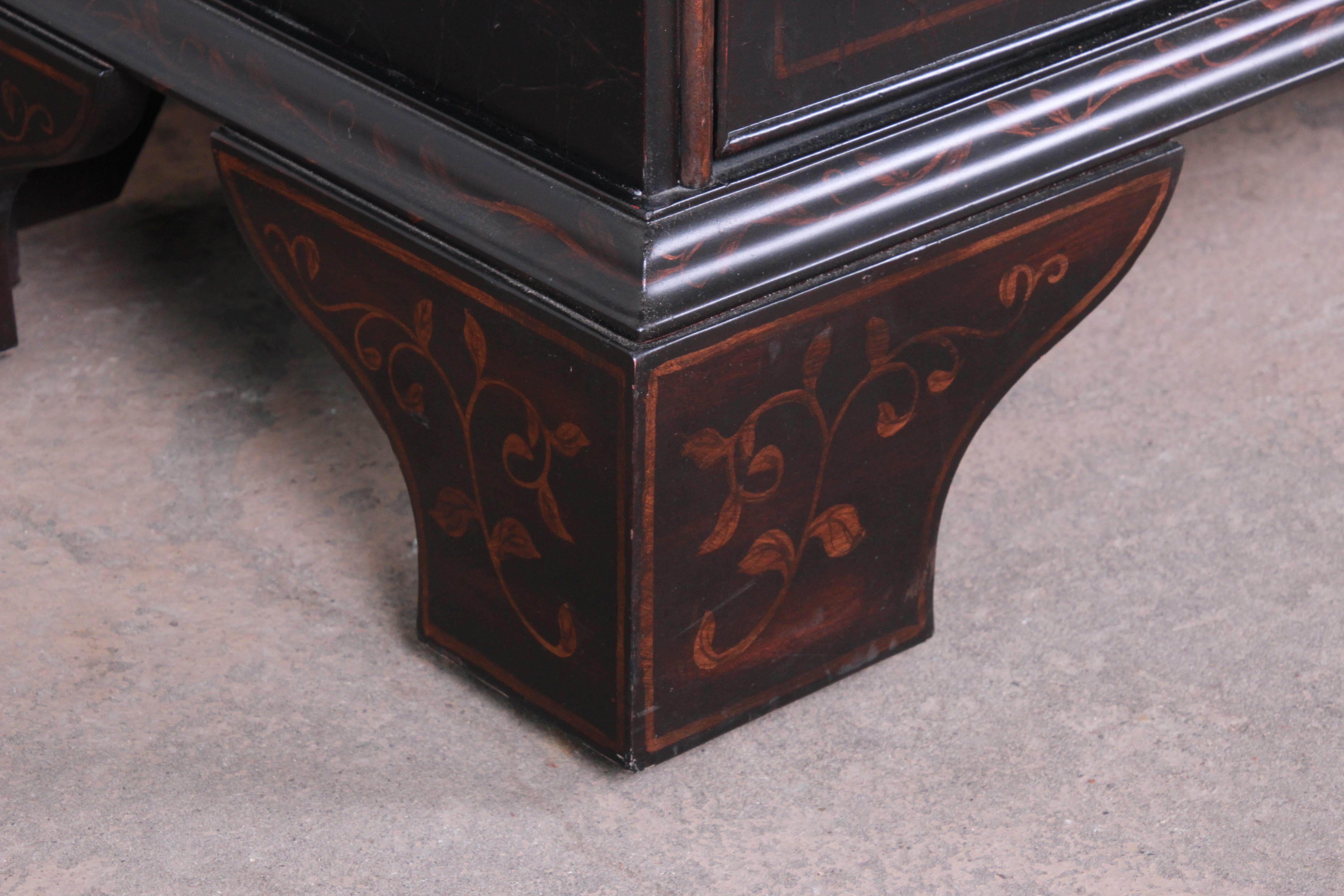 Baker Furniture Italian Style Black Lacquered Chest of Drawers with Floral Motif In Good Condition In South Bend, IN