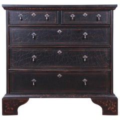 Baker Furniture Italian Style Black Lacquered Chest of Drawers with Floral Motif