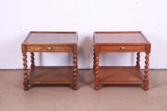 Baker Furniture Jacobean English Barley Twist Oak, Burl, and Cane End Tables