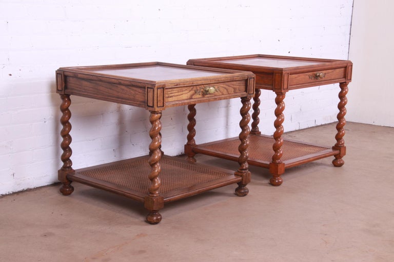 Mid-20th Century Baker Furniture Jacobean English Barley Twist Oak, Burl, and Cane End Tables For Sale