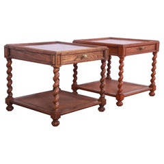 Baker Furniture Jacobean English Barley Twist Oak, Burl, and Cane End Tables