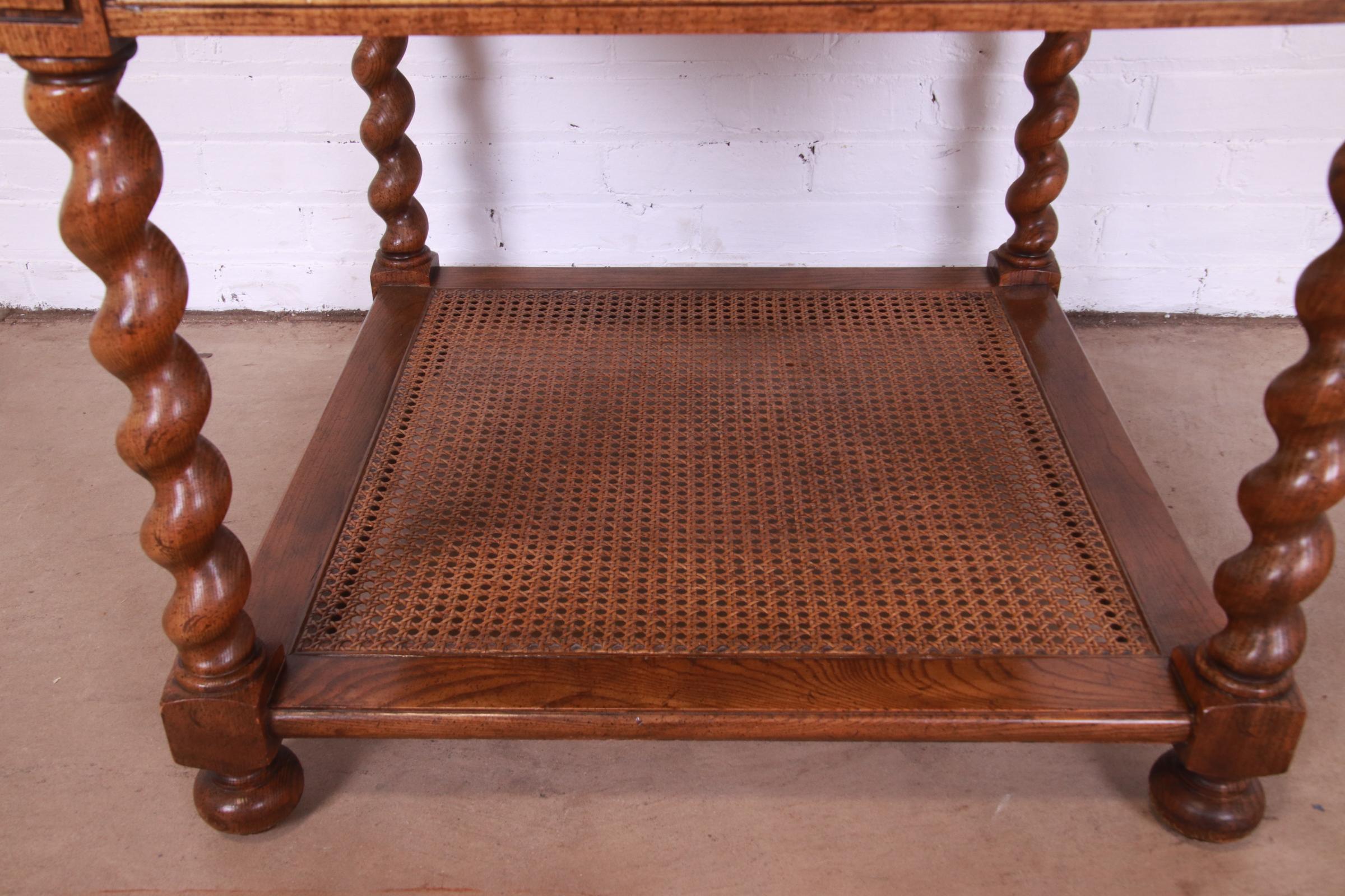 Baker Furniture Jacobean English Barley Twist Oak, Burl, and Cane Tea Table 7